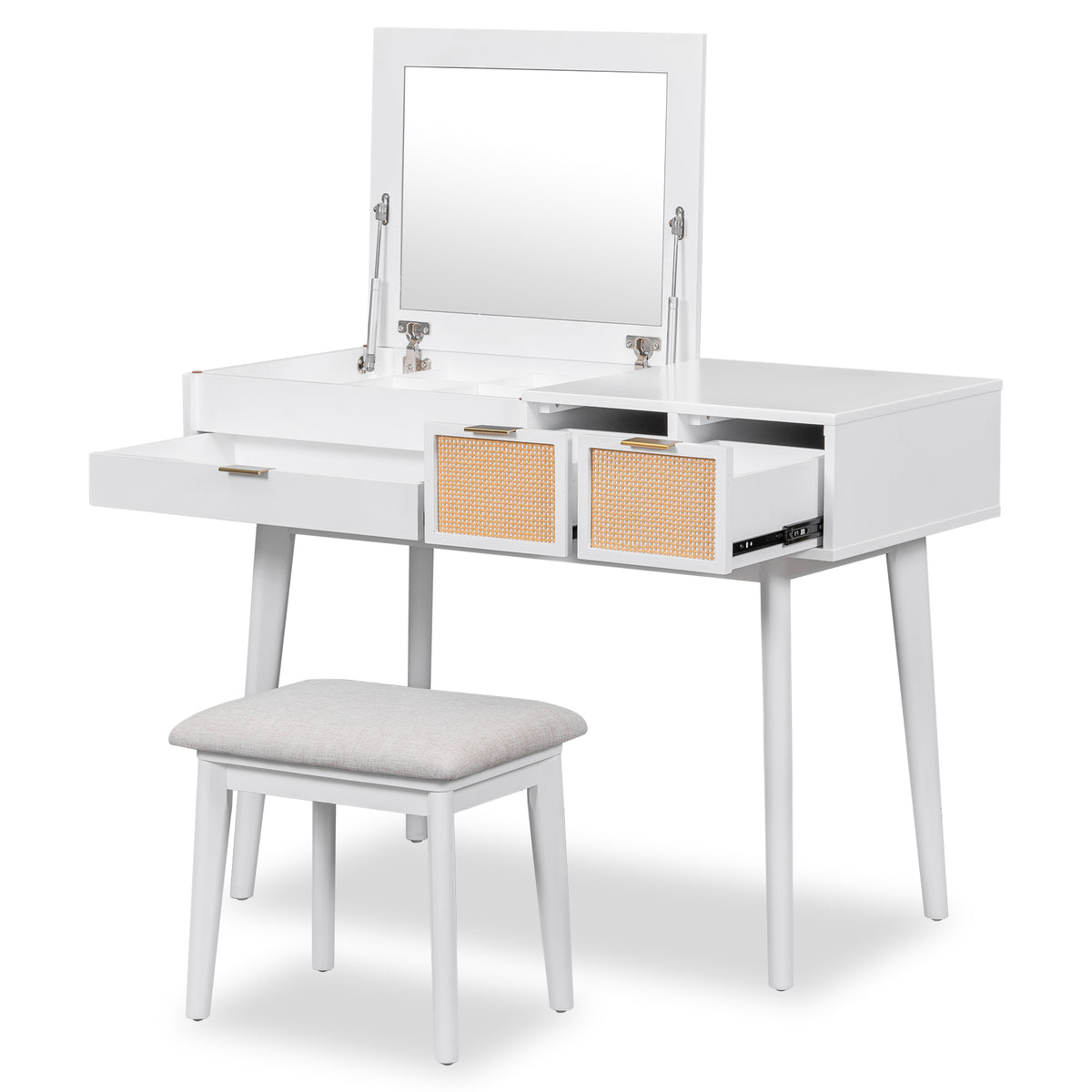 43.3" Classic Wood Makeup Vanity Set with Flip-top Mirror and Stool, Dressing Table with Three Drawers and storage space, White WF305498AAK-djyc