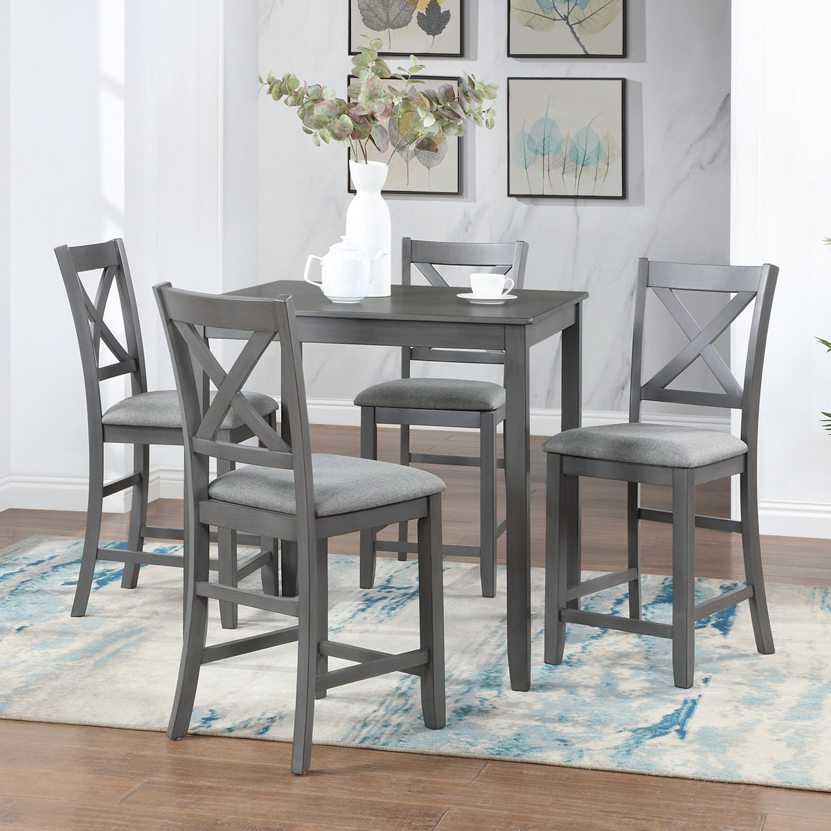 5 Piece Dining Table Set, Wooden Dining Square Table Set for 4, Counter Height Kitchen Table Set with Square Table and 4 Upholstered Chairs for Small Space, Gray W1998S00028-djyc