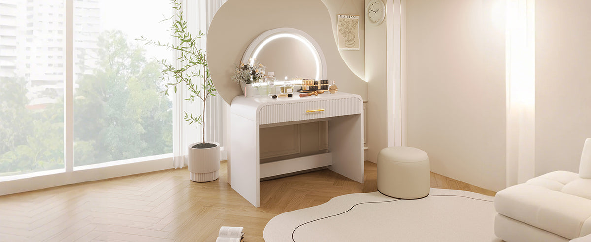 39" Makeup Vanity Table with Mirror Touch Screen Lighted Mirror, Dressing Table with Drawer for Bedroom, White N704P196658K-djyc