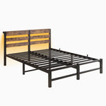 Queen SizeMetal Bed Frame with Wooden Headboard, RGB Lights,Charger, Storage Shelf, Noise-Free, No Box Spring Needed,Rustic Brown W840P209904-djyc