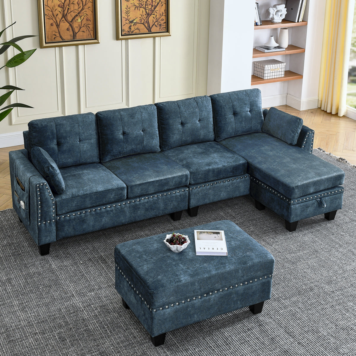 Sectional 3-Seaters Sofa ,Double-sided multi-functional footstool, storage mat , Non-slip leg, two pillows, Velvet,Navy blue W487S00239-djyc