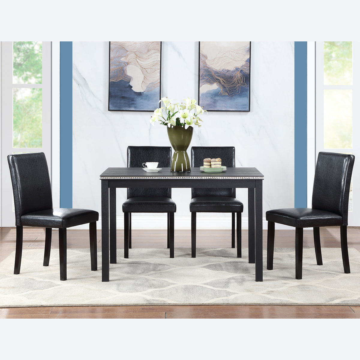 5 Piece Wooden Dining Table Set, Kitchen Table Set with a Rectangular Table and 4 Upholstered Chairs, Wooden Dining Room Table with Crystal Decoration and Chairs Set for Kitchen, Dining Room, Black W1998S00047-djyc