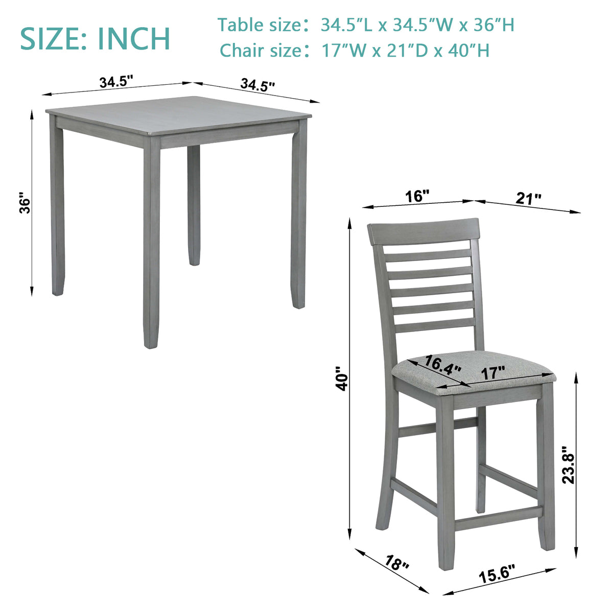 5 Piece Dining Table Set, Wooden Dining Square Table Set for 4, Counter Height Kitchen Table Set with Square Table and 4 Upholstered Chairs for Small Space, Gray W1998S00029-djyc