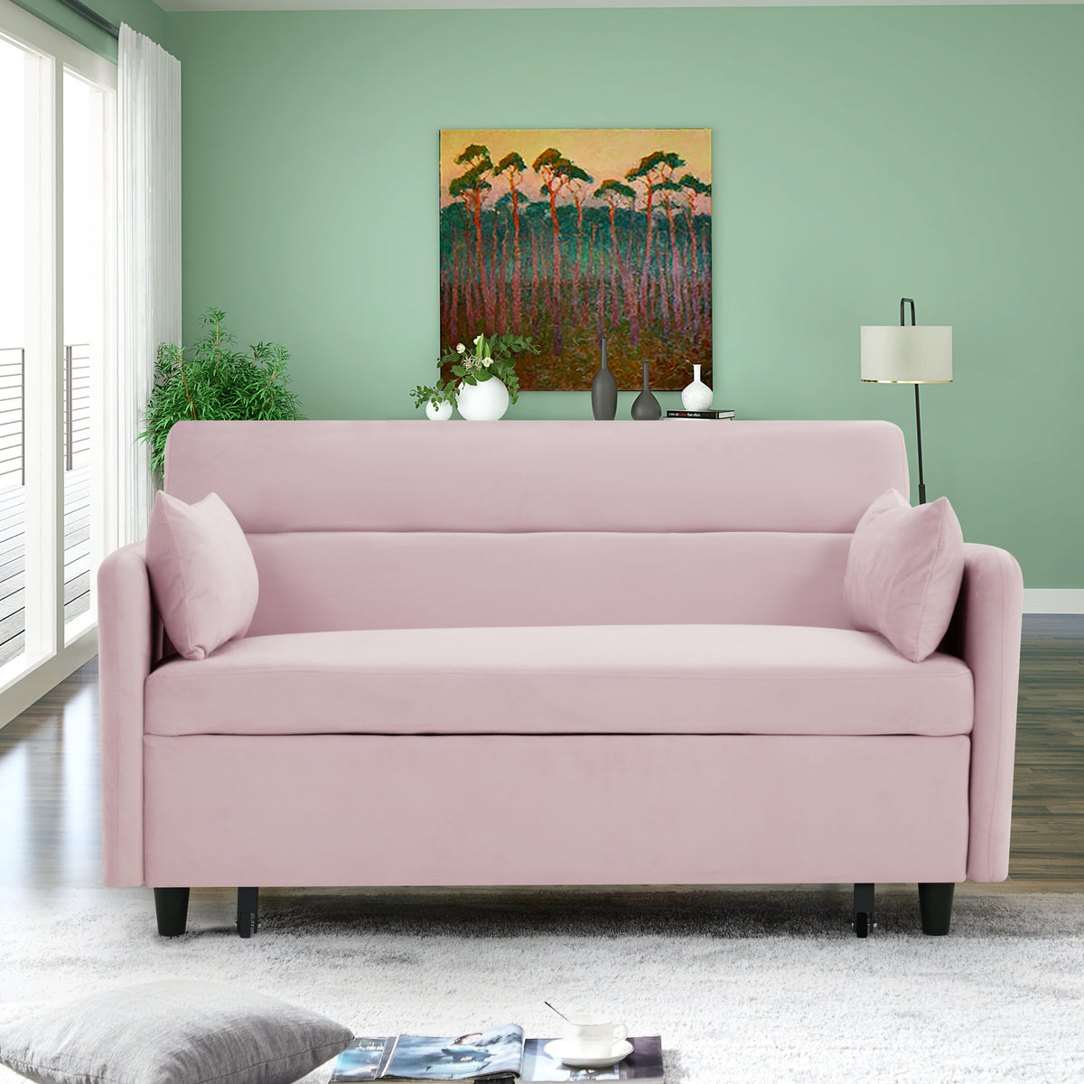 Sofa pull-out bed includes two pillows 54 "pink velvet sofa with small space W1278P144535-djyc