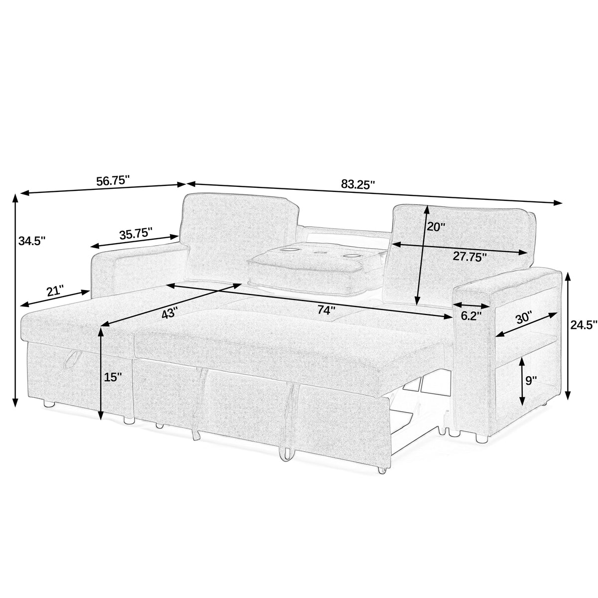 Linen Upholstered Sleeper Sectional Sofa, Shaped Modular Convertible Sofa with Storage Chaise,There are two cup holders in the middle and USB multi-interface function,Pull Out Sleep Couch Bed ,Grey W487S00245-djyc