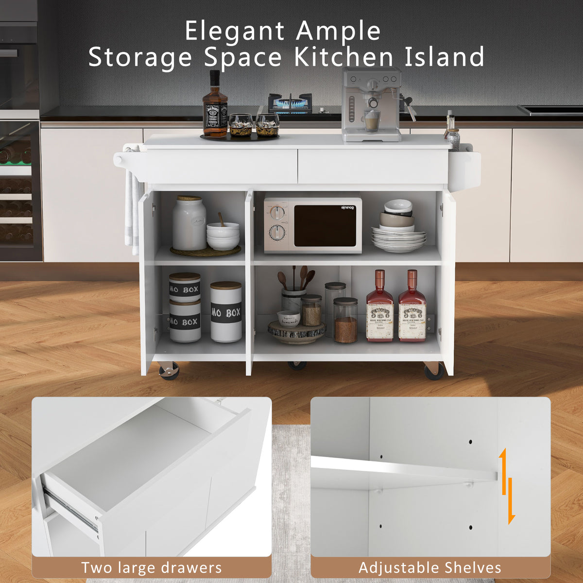 K&K 53.2''Kitchen Island with Drop Leaf, Kitchen Storage Cart with Spice Rack, Towel Rack and 2 Drawers, Rolling Kitchen Island on Wheels with Adjustable Shelves for Kitchen, Dining Room, White N707P173041W-djyc