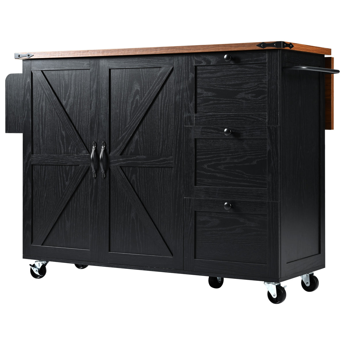 K&K 54.5" Farmhouse Kitchen Island with Power Outlet, Kitchen Storage Islandwith Internal Storage Rack, Drop Leaf, Spice Rack, Rolling Kitchen Cart on Wheels, for Home, Kitchen and Dining Room,Black N707P170349B-djyc