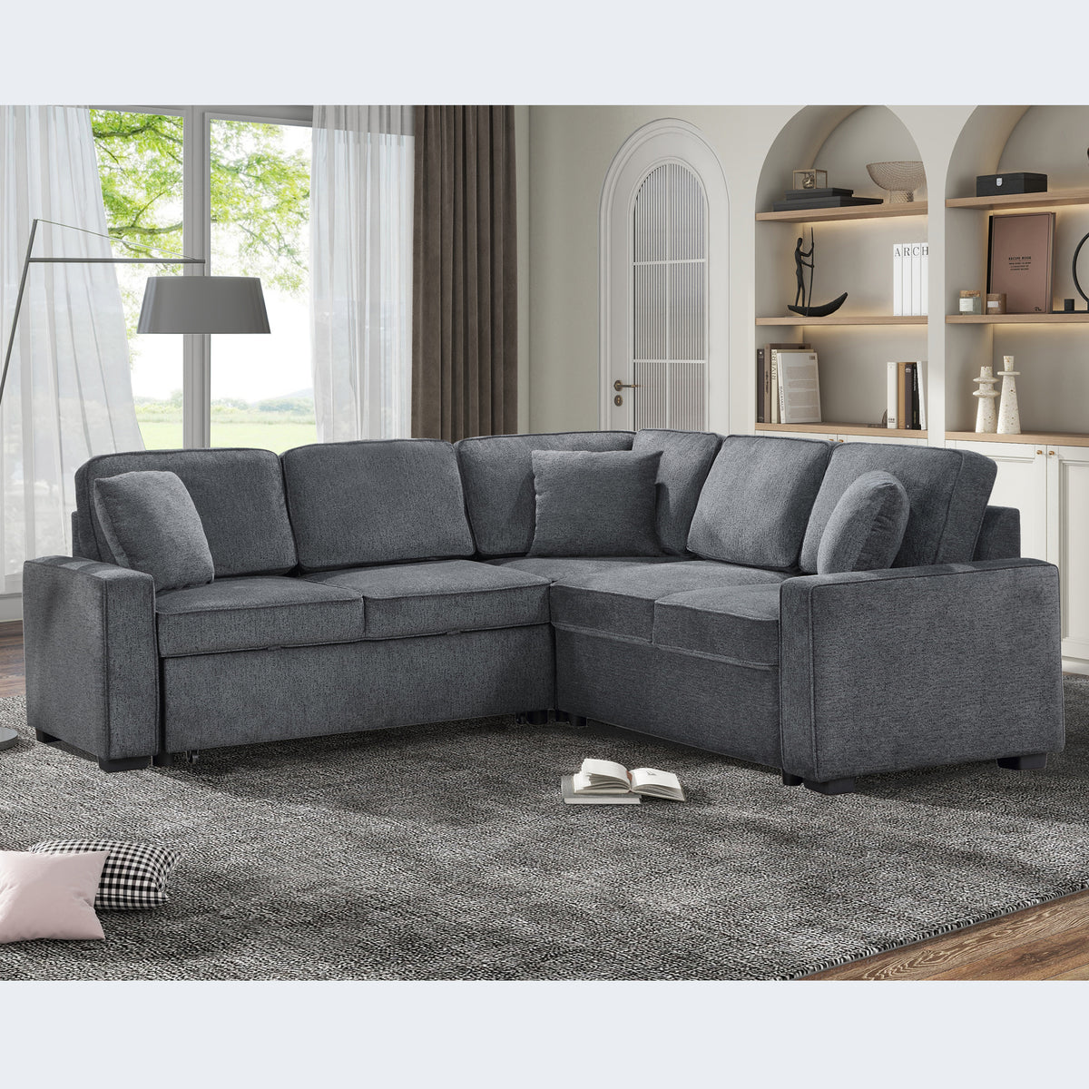 Modular Sofa, Sectional Couch L Shaped Sofa Couch with Pullout Sleeper, 5 Seat Chenille Corner Sofa for Living Room, 3 Pillows Included, Dark Gray W1998S00052-djyc