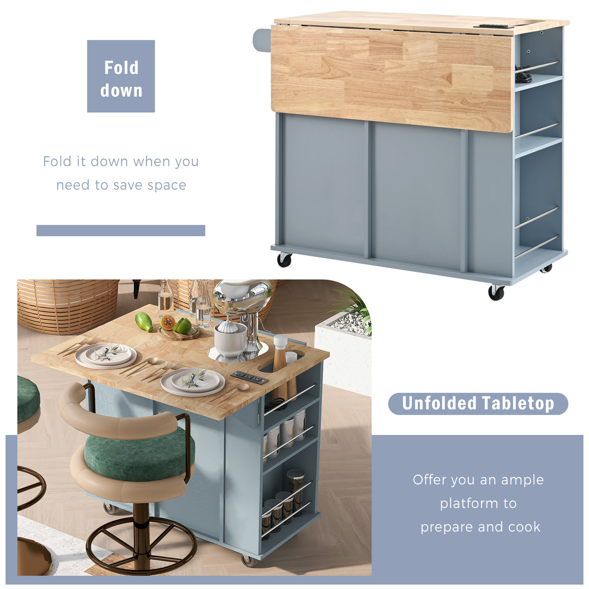 Kitchen Island with Power Outlet,Kitchen Storage Island with Drop Leaf and Rubber Wood,Open Storage and Wine Rack,5 Wheels,with Adjustable Storage for Home, Kitchen, and Dining Room, Grey Blue WF305556AAG-djyc