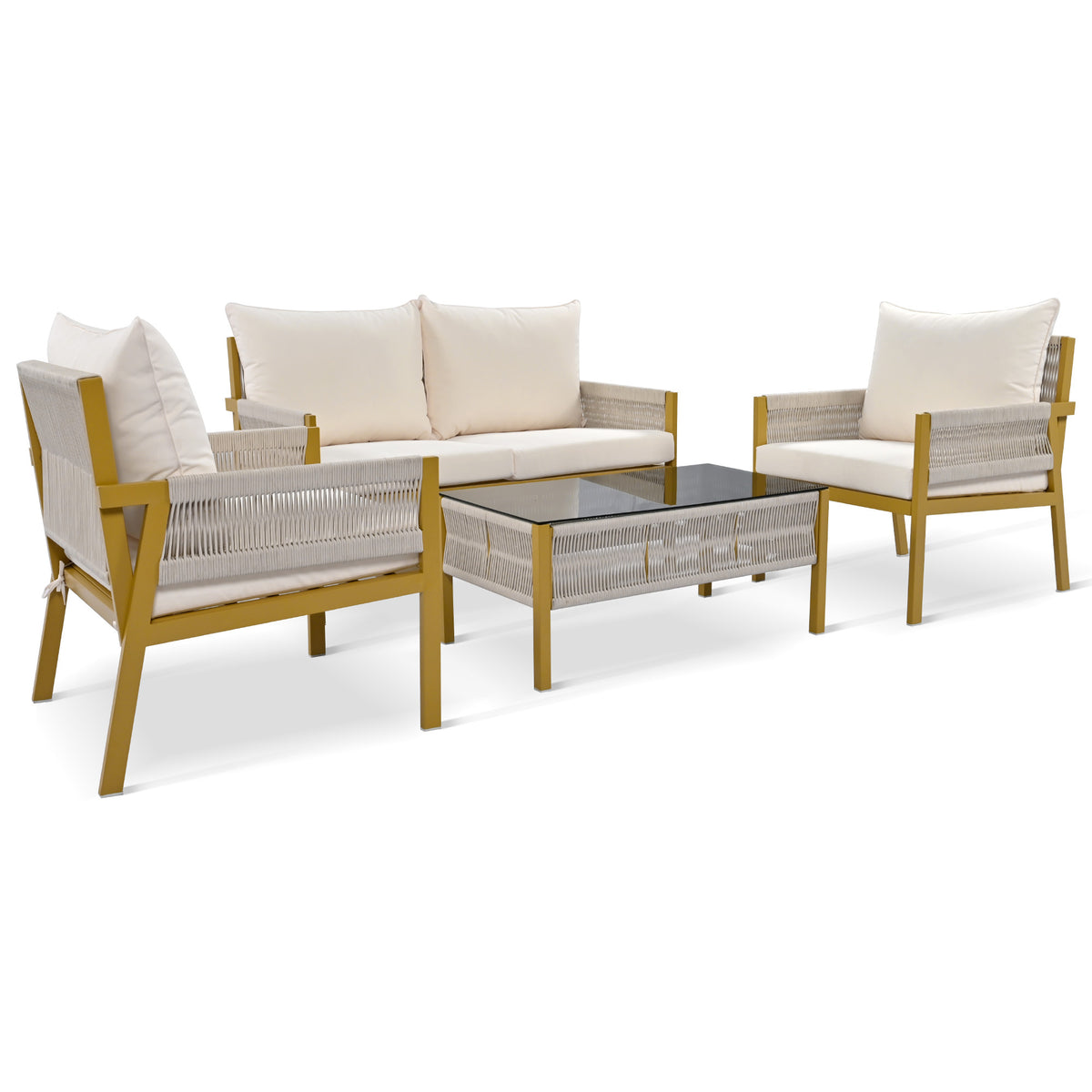 K&K 4-Piece Rope Patio Furniture Set, Outdoor Furniture with Tempered Glass Table, Patio Conversation Set Deep Seating with Thick Cushion for Backyard Porch Balcony (Beige&Mustard Yellow) SK000003AAZ-djyc