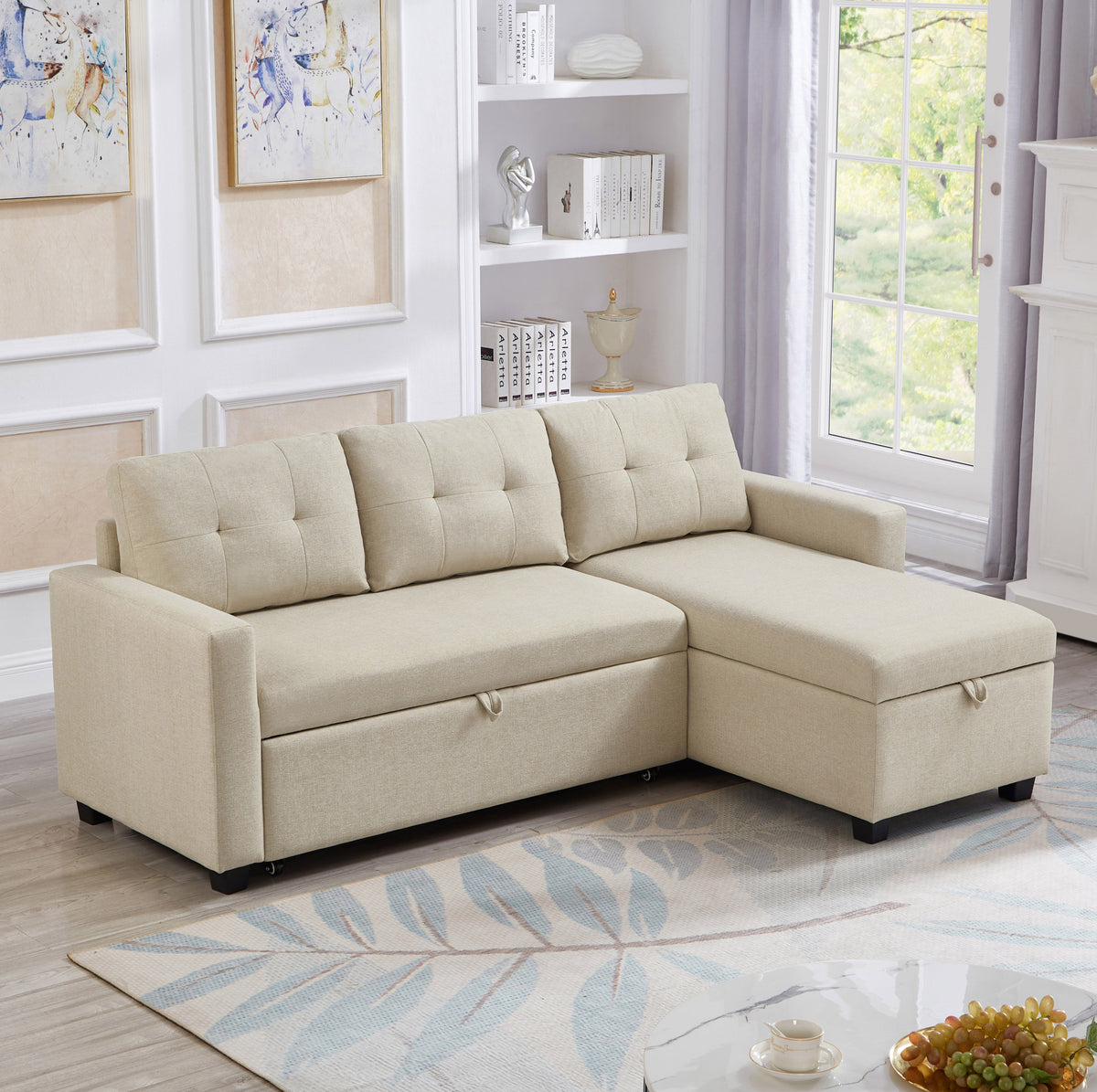 Upholstered Pull Out Sectional Sofa with Storage Chaise, Convertible Corner Couch, Beige W2336S00014-djyc