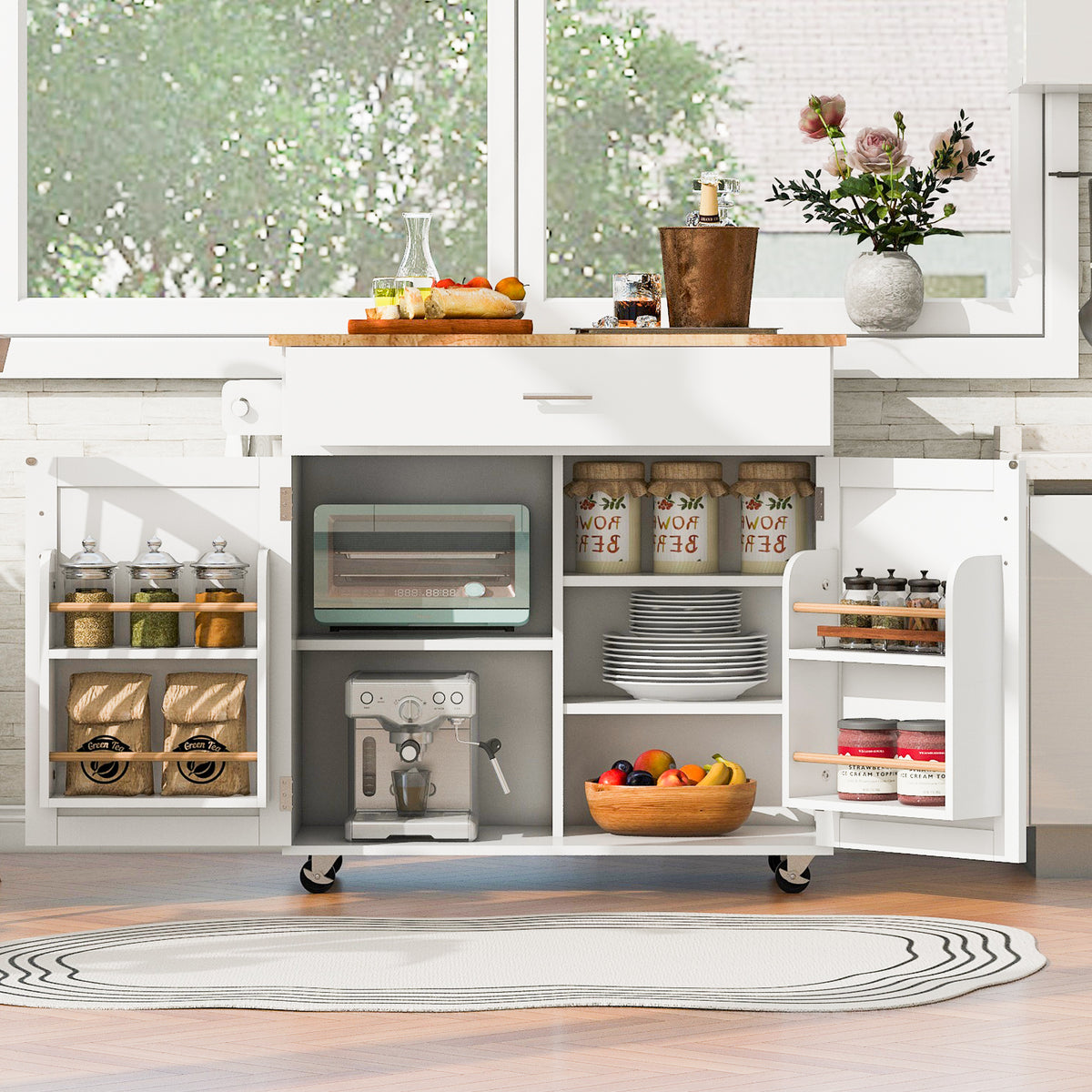 K&K Rolling Kitchen Island with Storage, Kitchen Cart with Rubber Wood Top, Spacious Drawer with Divider and Internal Storage Rack, Kitchen Island on Wheels with Adjustable Shelf Tower Rack, White WF316601AAW-djyc