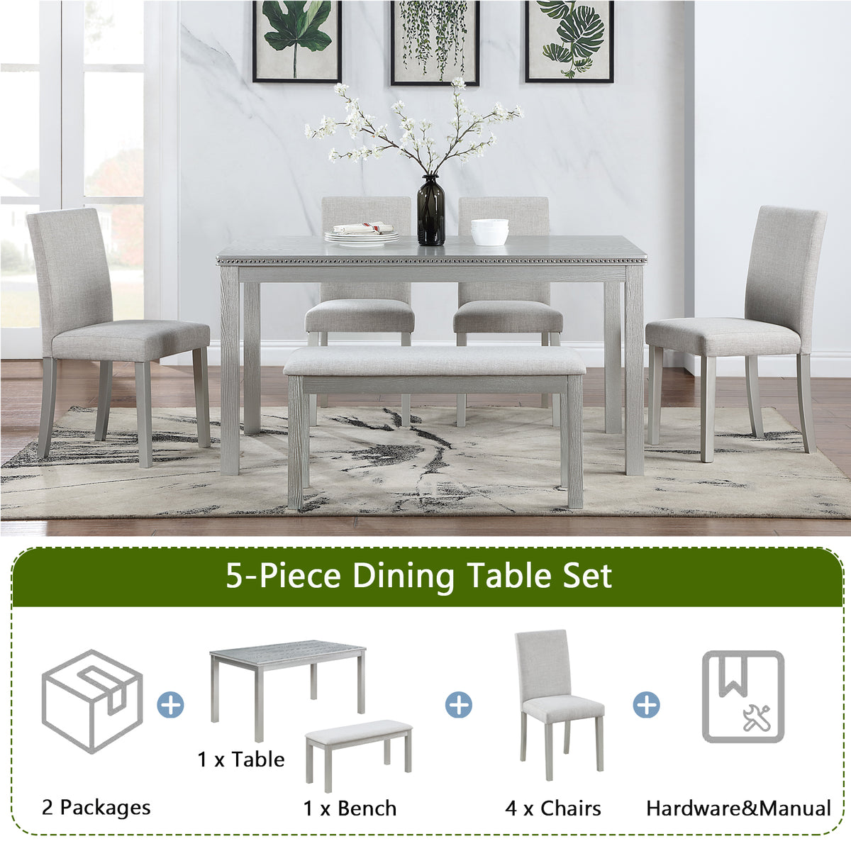 Wooden Dining Rectangular Table with Bench, Kitchen Table with Bench for Small Space, 6 Person Dining Table, Silver grey W1998S00045-djyc