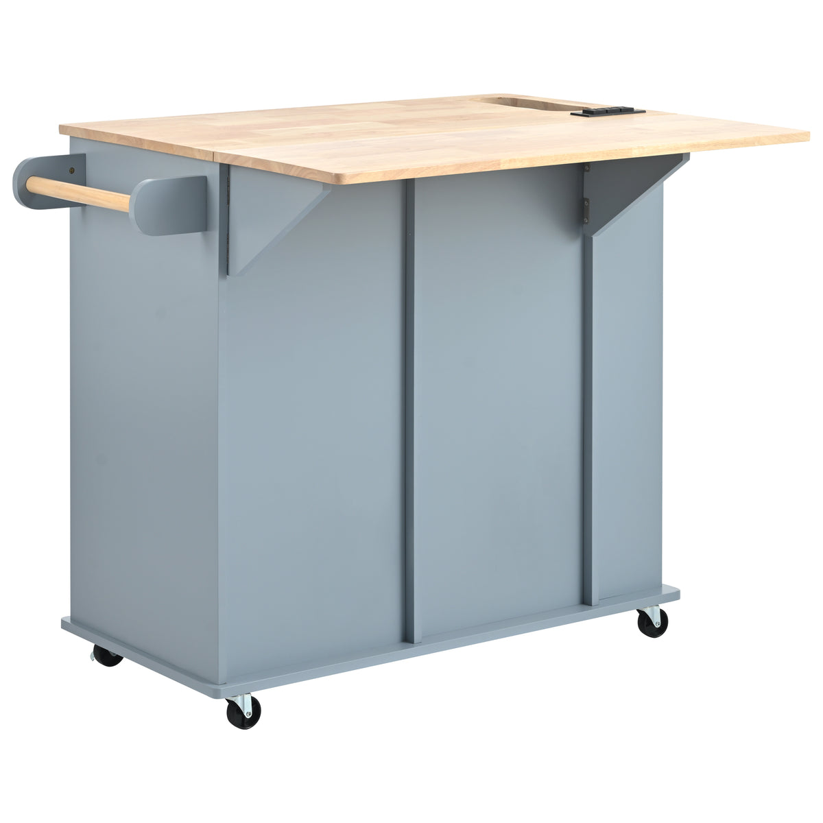 Kitchen Island with Power Outlet,Kitchen Storage Island with Drop Leaf and Rubber Wood,Open Storage and Wine Rack,5 Wheels,with Adjustable Storage for Home, Kitchen, and Dining Room, Grey Blue WF305556AAG-djyc