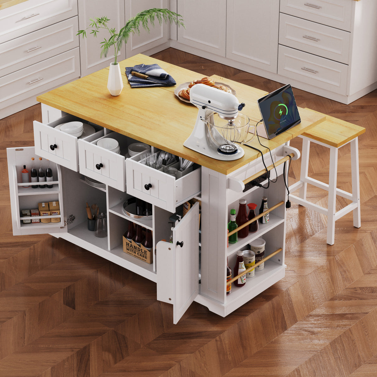 K&K 53inch Large Kitchen Island with Drop Leaf, Power Outlet, Door Internal Storage Rack, Rolling Kitchen Cart on 5 Wheels with 5 Open Side Racks for Kitchen, Dining Room,White(Not include bar stools) N707P185531W-djyc