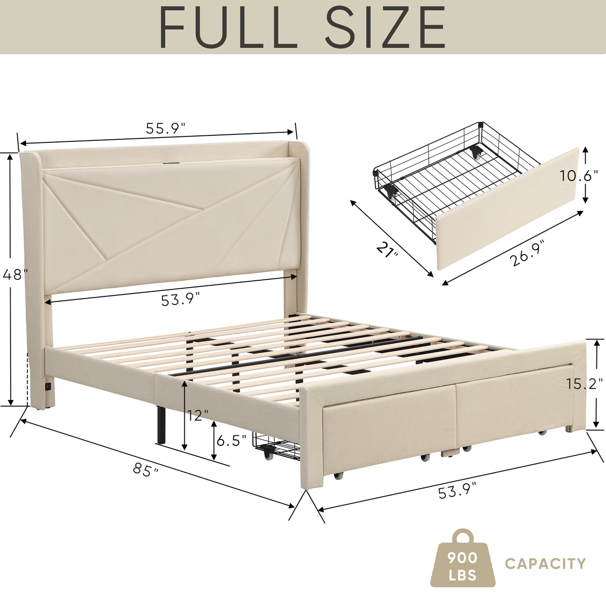 Full Size Bed Frame with 2 Storage Drawers, Upholstered Bed Frame with Wingback Headboard Storage Shelf Built-in USB Charging Stations and Strong Wood Slats Support, No Box Spring Needed, Beige W1916126256-djyc