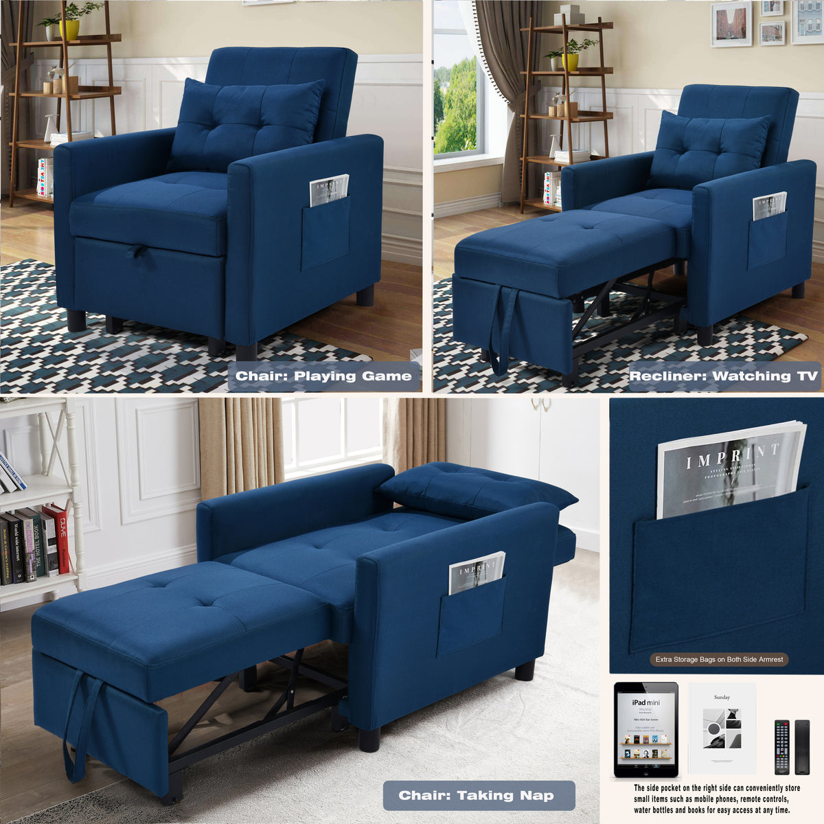 3-in-1 Convertible Futon Sofa Bed with Adjustable Backrest, Single Sofa Bed with Pull Out Sleeper, Convertible Futon Chair for Living Room, Side Bag and 1 Lumbar Pillow,Navy W1998121159-djyc