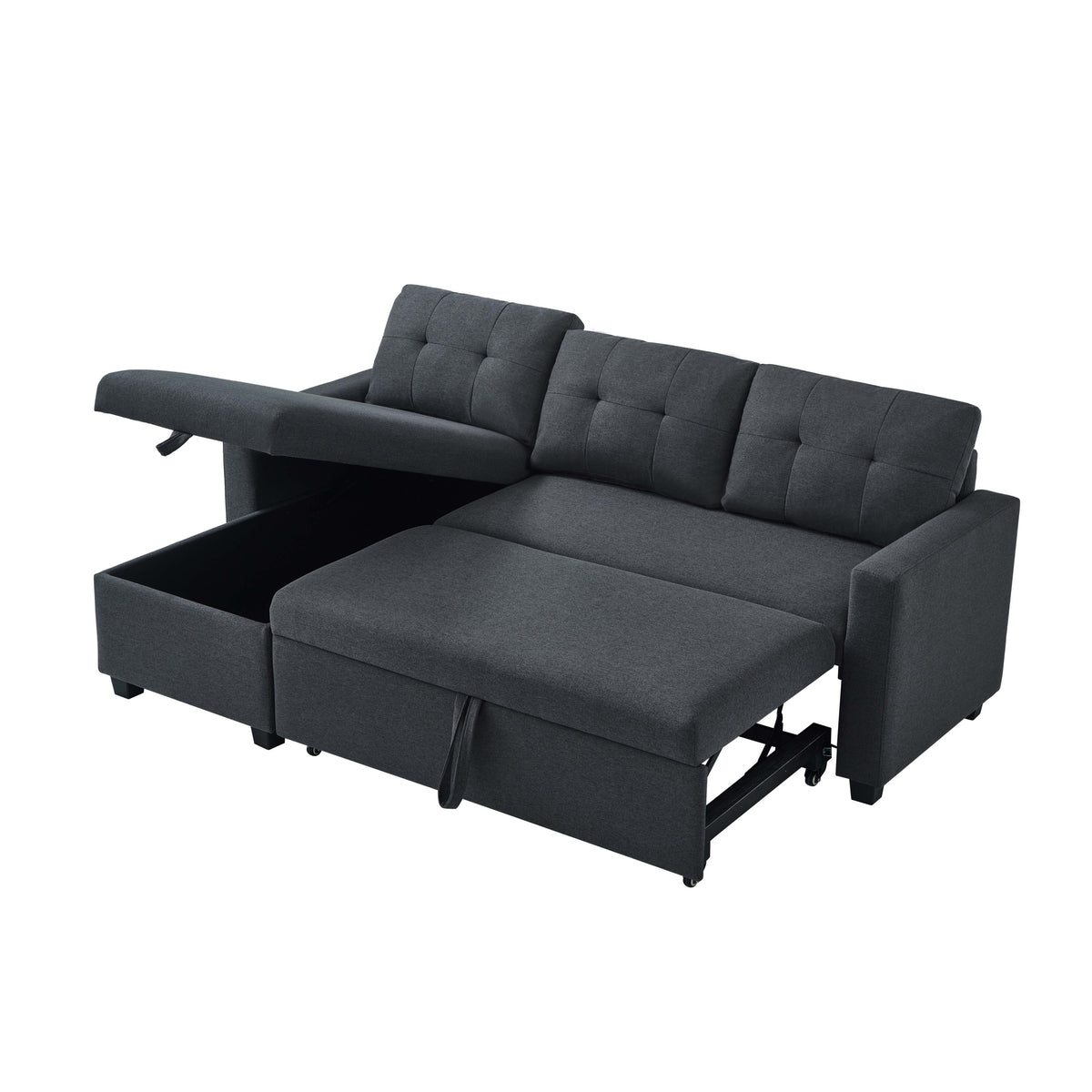 Upholstered Pull Out Sectional Sofa with Storage Chaise, Convertible Corner Couch, Dark Grey W2336S00012-djyc