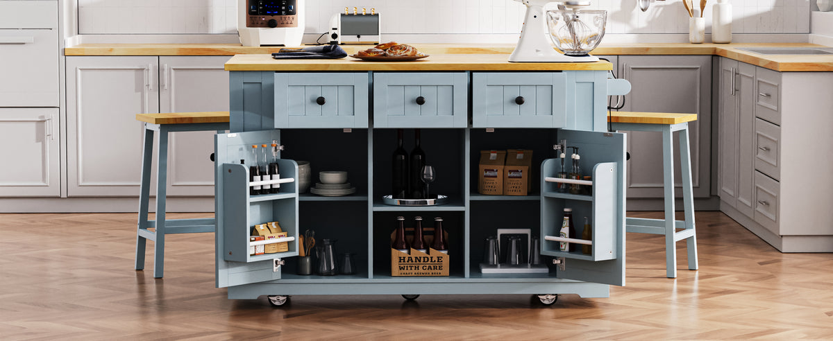 K&K 53inch Large Kitchen Island with Drop Leaf,Power Outlet,Door Internal Storage Rack,Rolling Kitchen Cart on 5 Wheels with 5 Open Side Racks for Kitchen,Dining Room,Grey Blue(Not include bar stools) N707P185531G-djyc