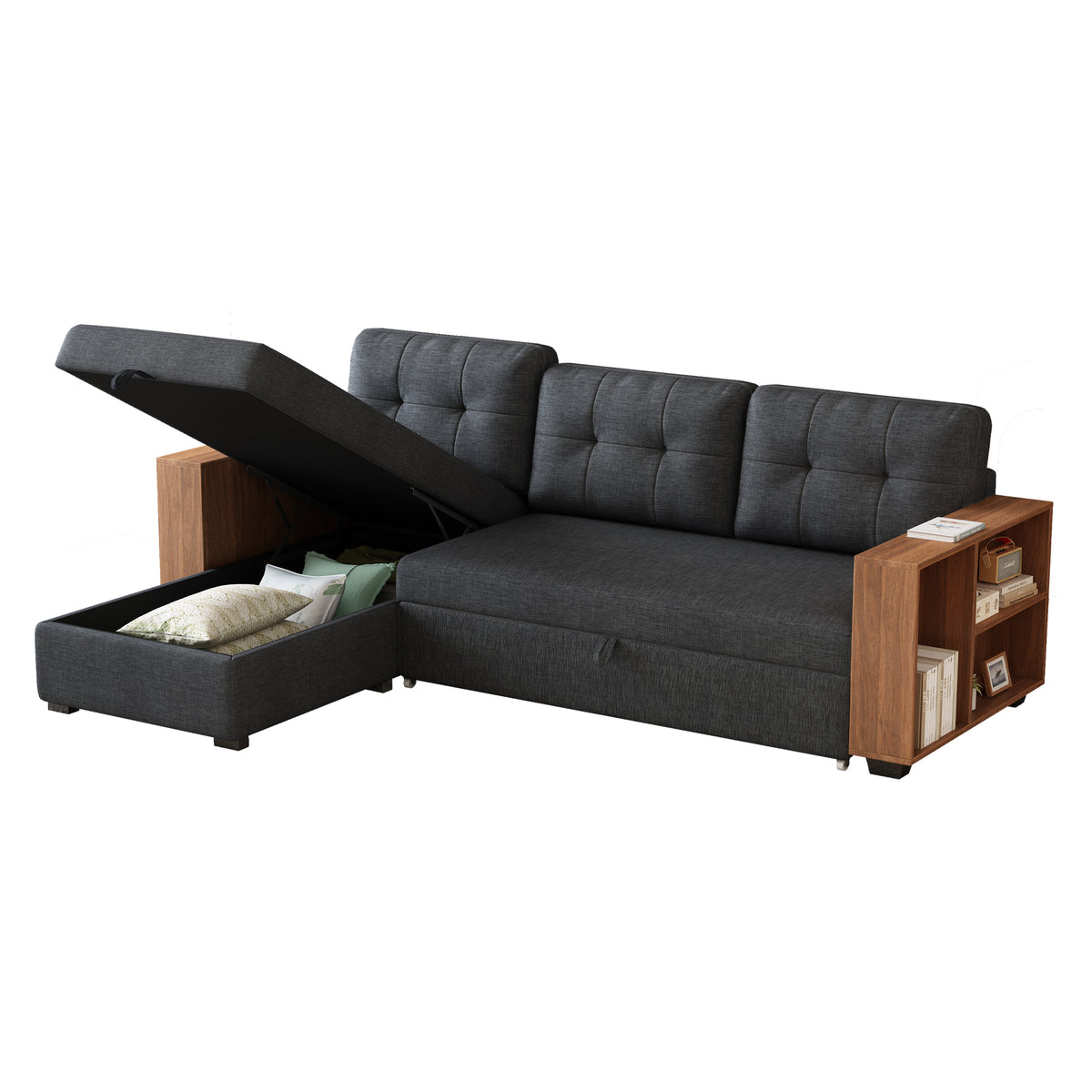 Upholstered Pull Out Sectional Sofa with Storage Chaise, Convertible Corner Couch, Dark Grey-Wooden handrail W2336S00015-djyc