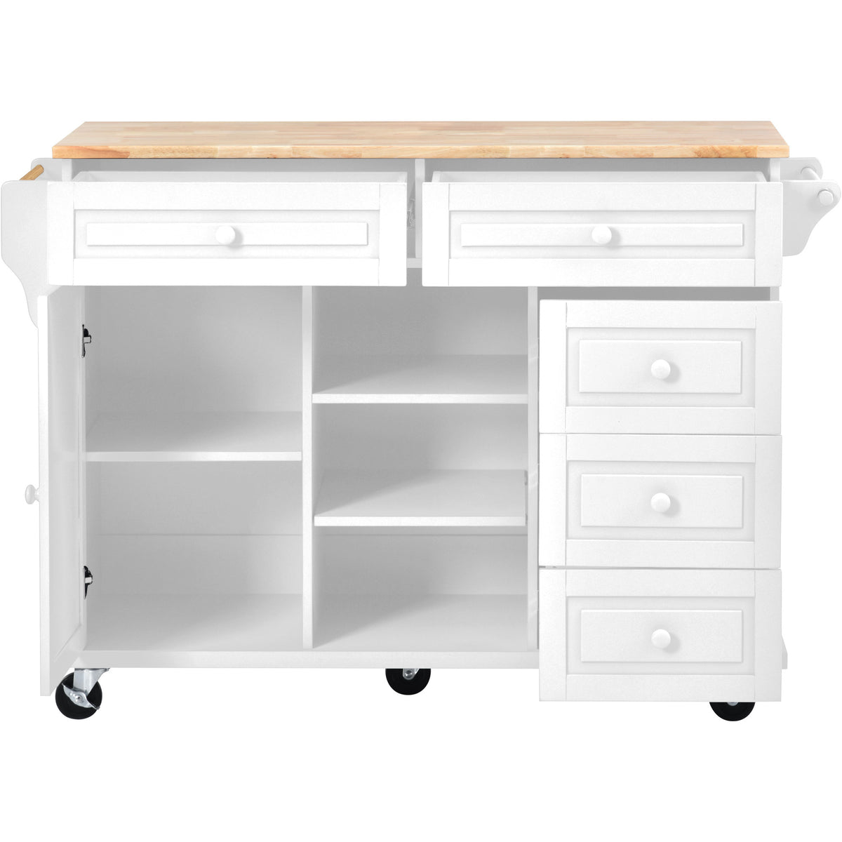 Kitchen cart with Rubber wood desktop rolling mobile kitchen island with storage and 5 draws 53 Inchlength(White) WF297003AAW-djyc