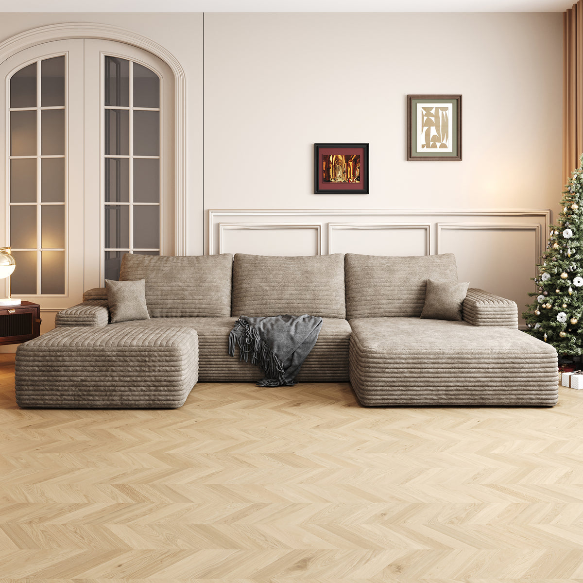 107' Cloud Sectional Sofa with 1 Ottoman,Modern Minimalist Upholstered Couches, Comfort U Shaped Sofa for Living Room,Deep Seat Corner Couch,No Assembly Required ,Camel(Plush Corduroy Fabric)-W2824S00055