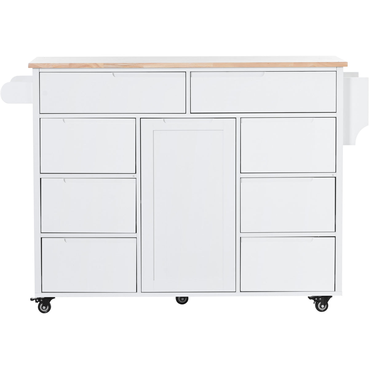 K&K Store Kitchen Cart with Rubber Wood Countertop , Kitchen Island has 8 Handle-Free Drawers Including a Flatware Organizer and 5 Wheels for Kitchen Dinning Room, White SK000002AAW-djyc