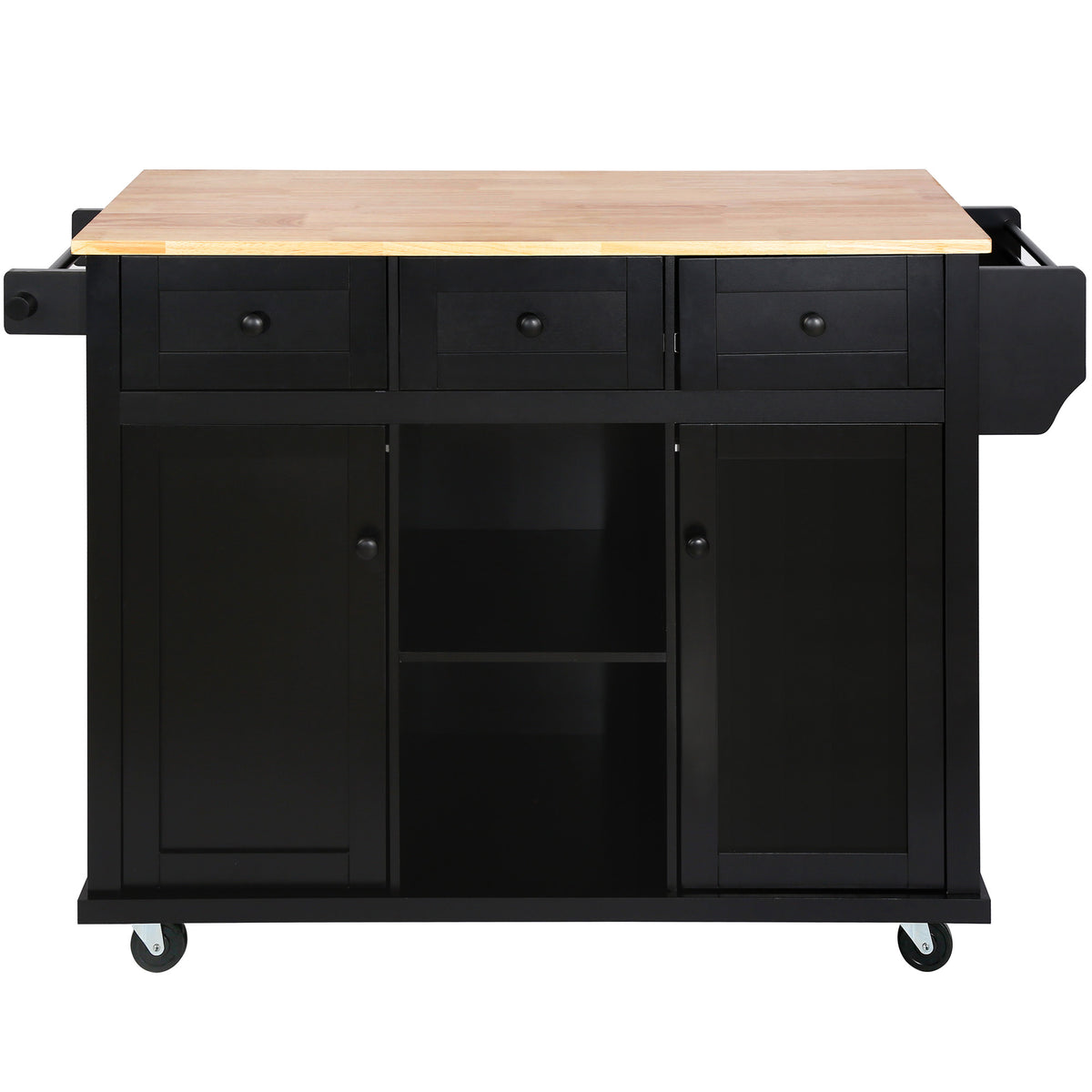 Kitchen Cart with Rubber wood Drop-Leaf Countertop ,Cabinet door internal storage racks,Kitchen Island on 5 Wheels with Storage Cabinet and 3 Drawers for Dinning Room, Black WF298028AAB-djyc