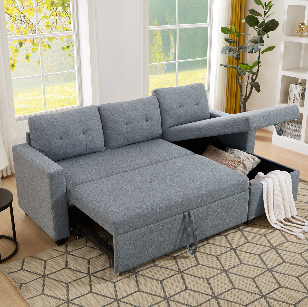 Upholstered Pull Out Sectional Sofa with Storage Chaise, Convertible Corner Couch, Light Grey W2336S00013-djyc