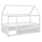 Twin Size Floor Wooden Bed with House Roof Frame, Fence Guardrails,White W1858123984-djyc