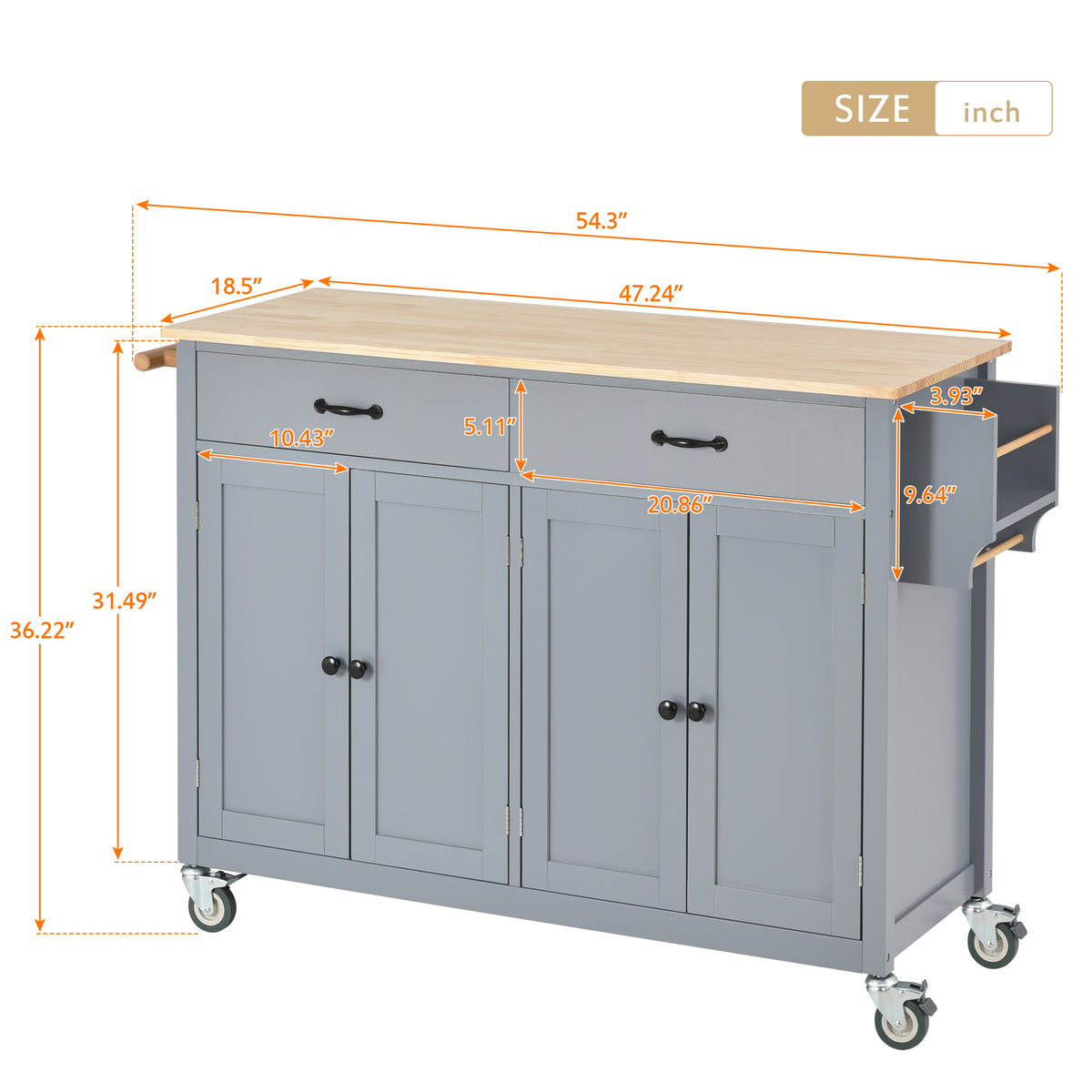 Kitchen Island Cart with Solid Wood Top and Locking Wheels,54.3 Inch Width,4 Door Cabinet and Two Drawers,Spice Rack, Towel Rack (Grey Blue) WF286911AAG-djyc