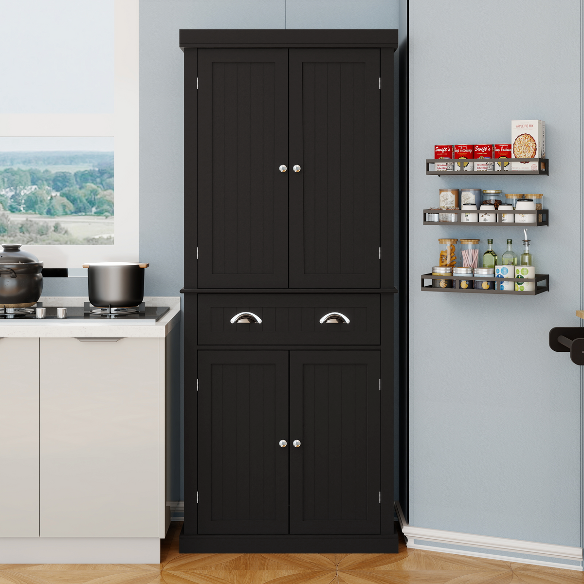 71" Kitchen Pantry Storage Cabinet , with 4 Doors, Drawer, 2 Adjustable Shelves, Freestanding Cupboard for Dining Room Living Room, Laundry-Black W282S00032-djyc