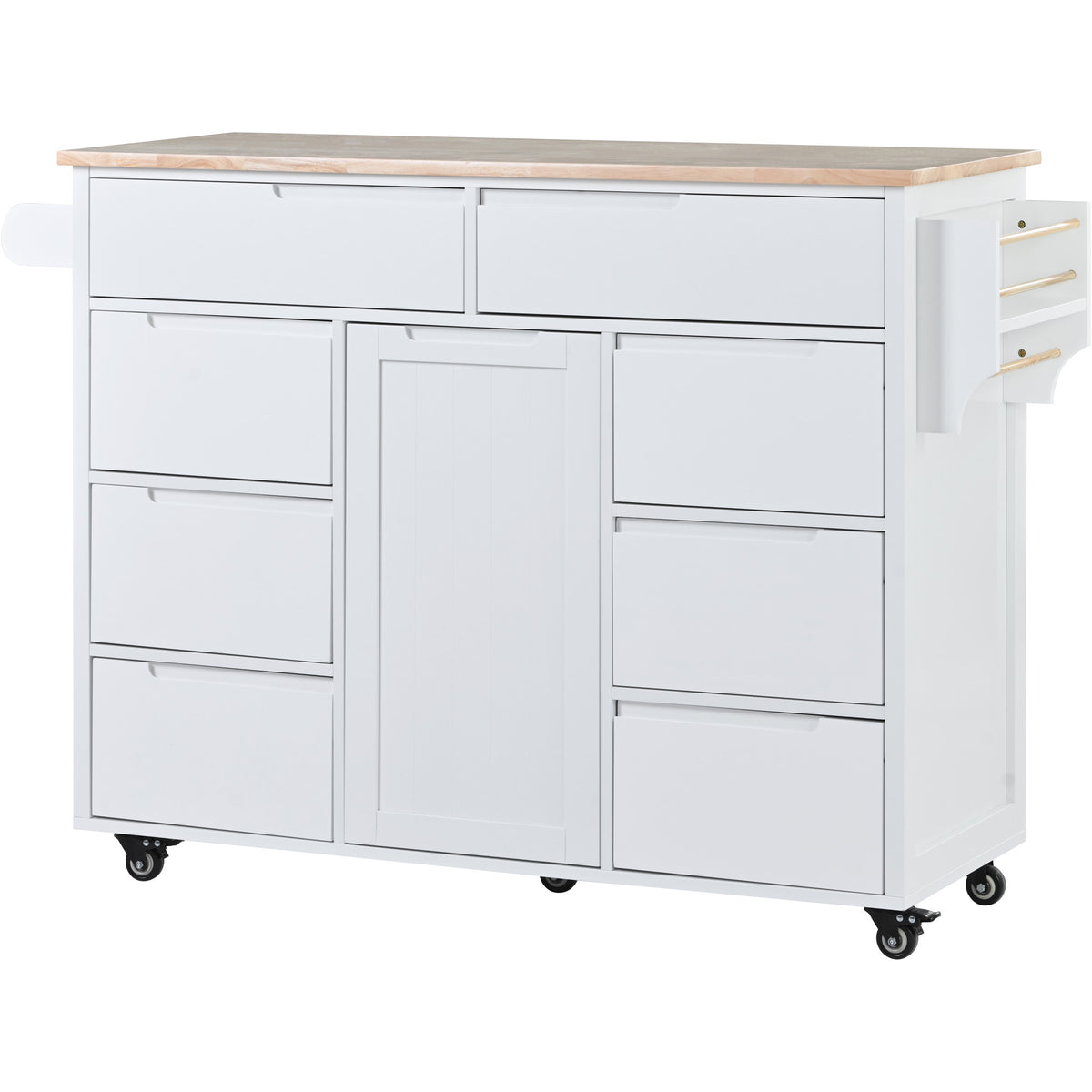 K&K Store Kitchen Cart with Rubber Wood Countertop , Kitchen Island has 8 Handle-Free Drawers Including a Flatware Organizer and 5 Wheels for Kitchen Dinning Room, White SK000002AAW-djyc