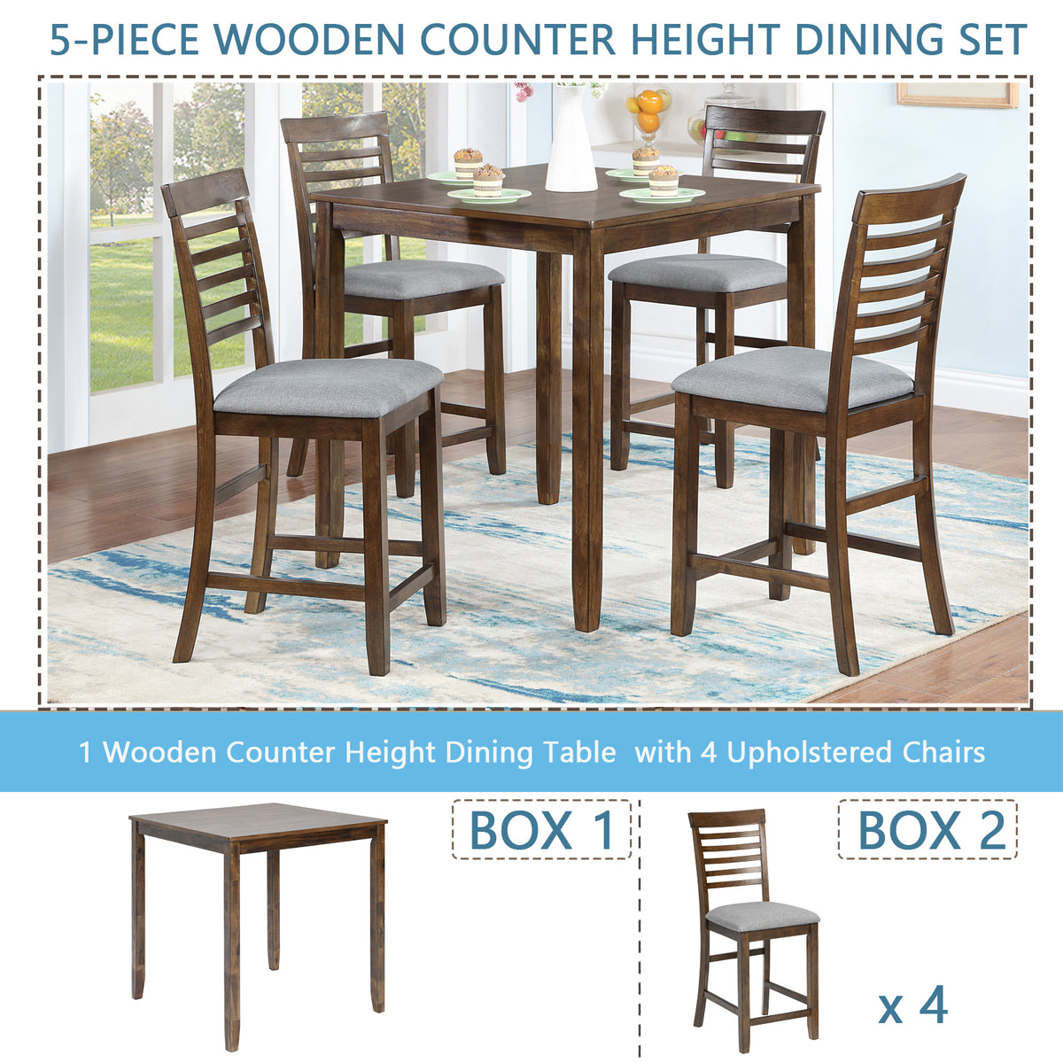 5 Piece Dining Table Set, Wooden Dining Square Table Set for 4, Counter Height Kitchen Table Set with Square Table and 4 Upholstered Chairs for Small Space, Walnut W1998S00033-djyc