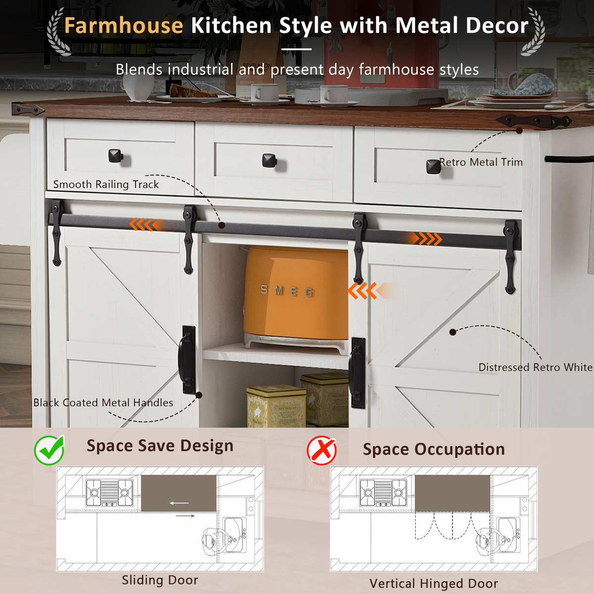 K&K 53.7" Farmhouse Kitchen Island with Power Outlet, 2 Sliding Barn Door Kitchen Storage Island with Drop Leaf, Spice Rack Rolling Kitchen Cart on Wheels, for Home, Kitchen and Dining Room, White N707P170347W-djyc