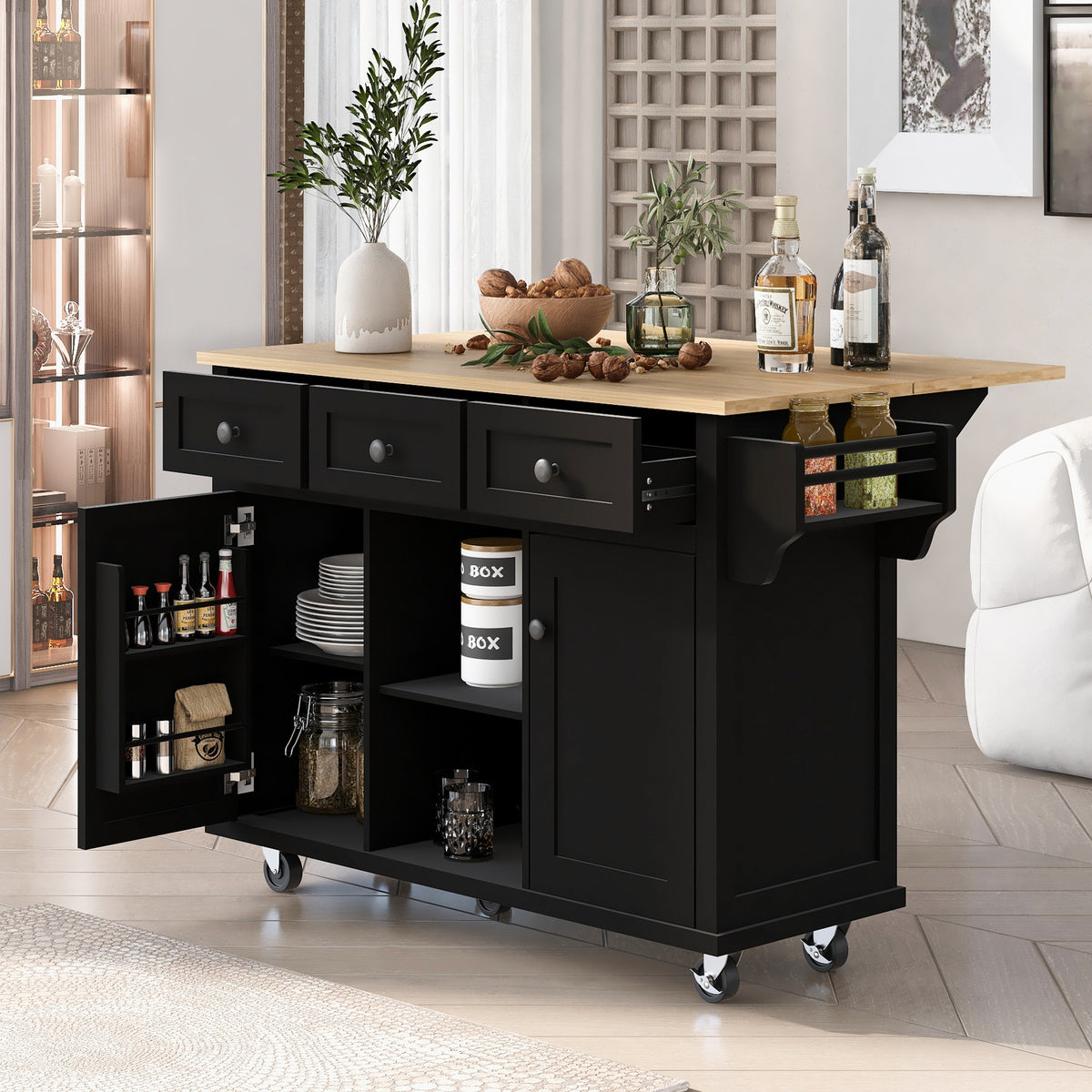 Kitchen Cart with Rubber wood Drop-Leaf Countertop ,Cabinet door internal storage racks,Kitchen Island on 5 Wheels with Storage Cabinet and 3 Drawers for Dinning Room, Black WF298028AAB-djyc