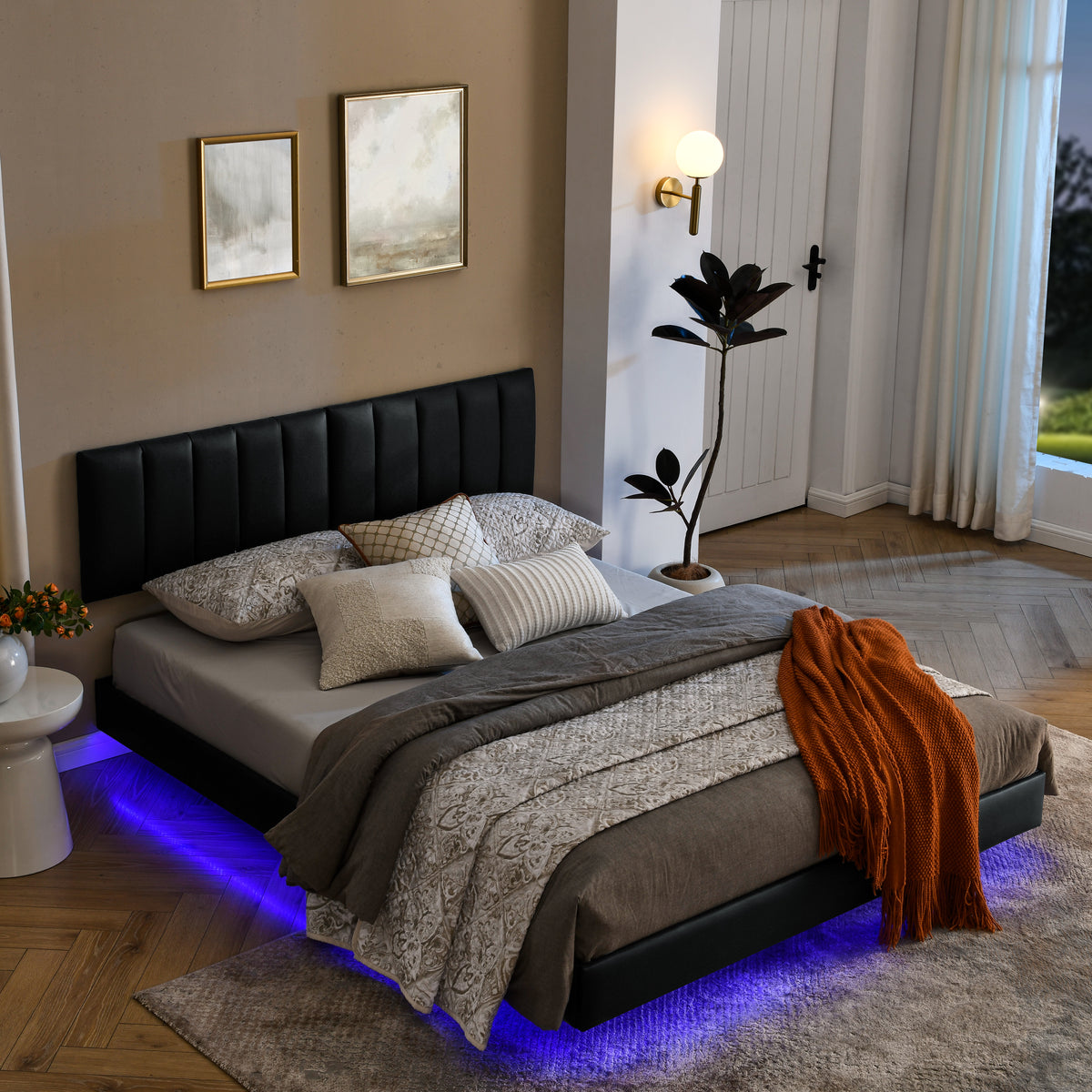 Queen Floating Bed Frame with LED Lights and Wall Mounted Headboard Modern Low Profile Led Platform Bed Frame Queen Size Faux Leather Upholstered Platform Bed Frame,No Box Spring Needed,Black W487P169722-djyc