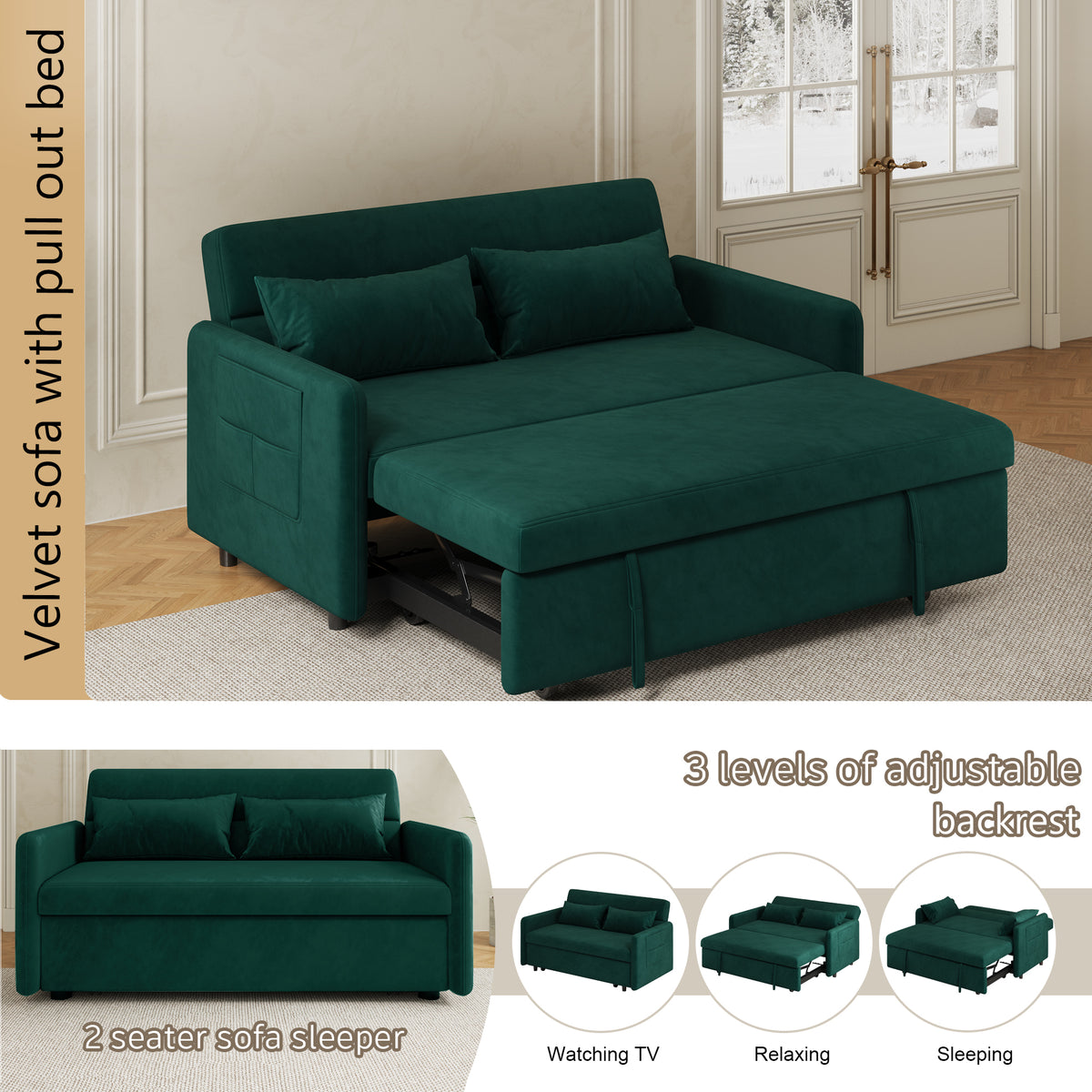 Sofa Pull Out Bed Included Two Pillows 54" Green Velvet Sofa for Small Spaces W1278125092-djyc