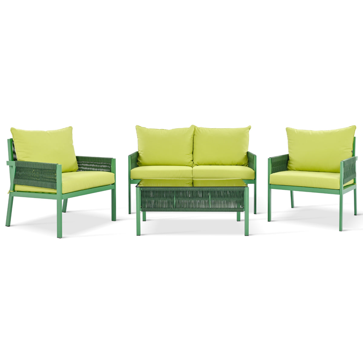 K&K 4-Piece Rope Patio Furniture Set, Outdoor Furniture with Tempered Glass Table, Patio Conversation Set Deep Seating with Thick Cushion for Backyard Porch Balcony (Fluorescent Yellow & Green) SK000003AAE-djyc