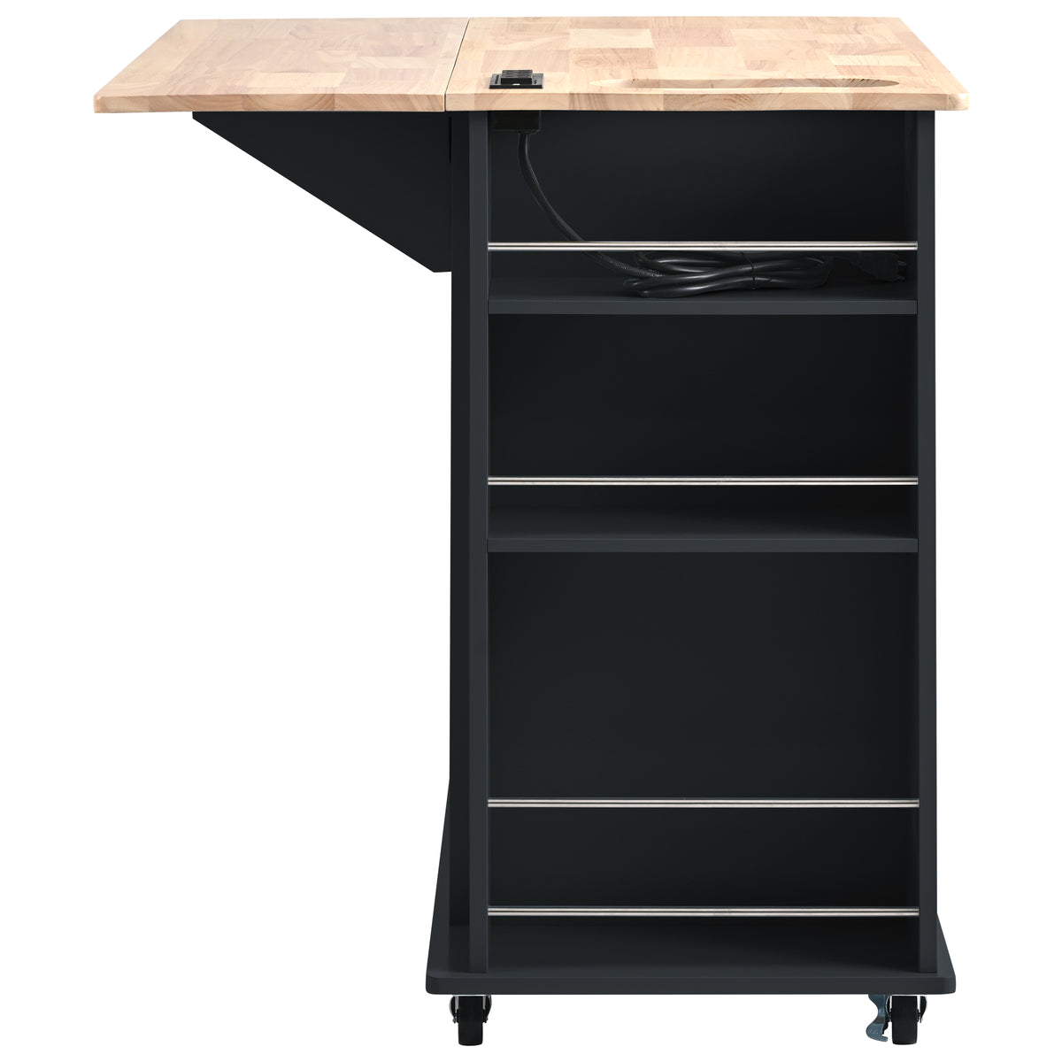 Kitchen Island with Power Outlet,Kitchen Storage Island with Drop Leaf and Rubber Wood,Open Storage and Wine Rack,5 Wheels,with Adjustable Storage for Home, Kitchen, and Dining Room, Black WF305556AAB-djyc