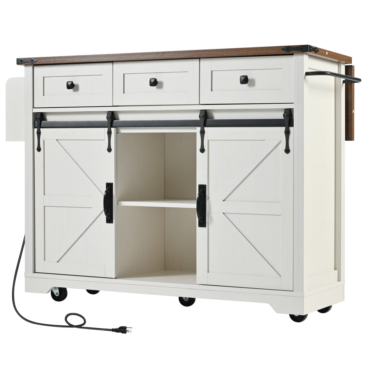 K&K 53.7" Farmhouse Kitchen Island with Power Outlet, 2 Sliding Barn Door Kitchen Storage Island with Drop Leaf, Spice Rack Rolling Kitchen Cart on Wheels, for Home, Kitchen and Dining Room, White N707P170347W-djyc