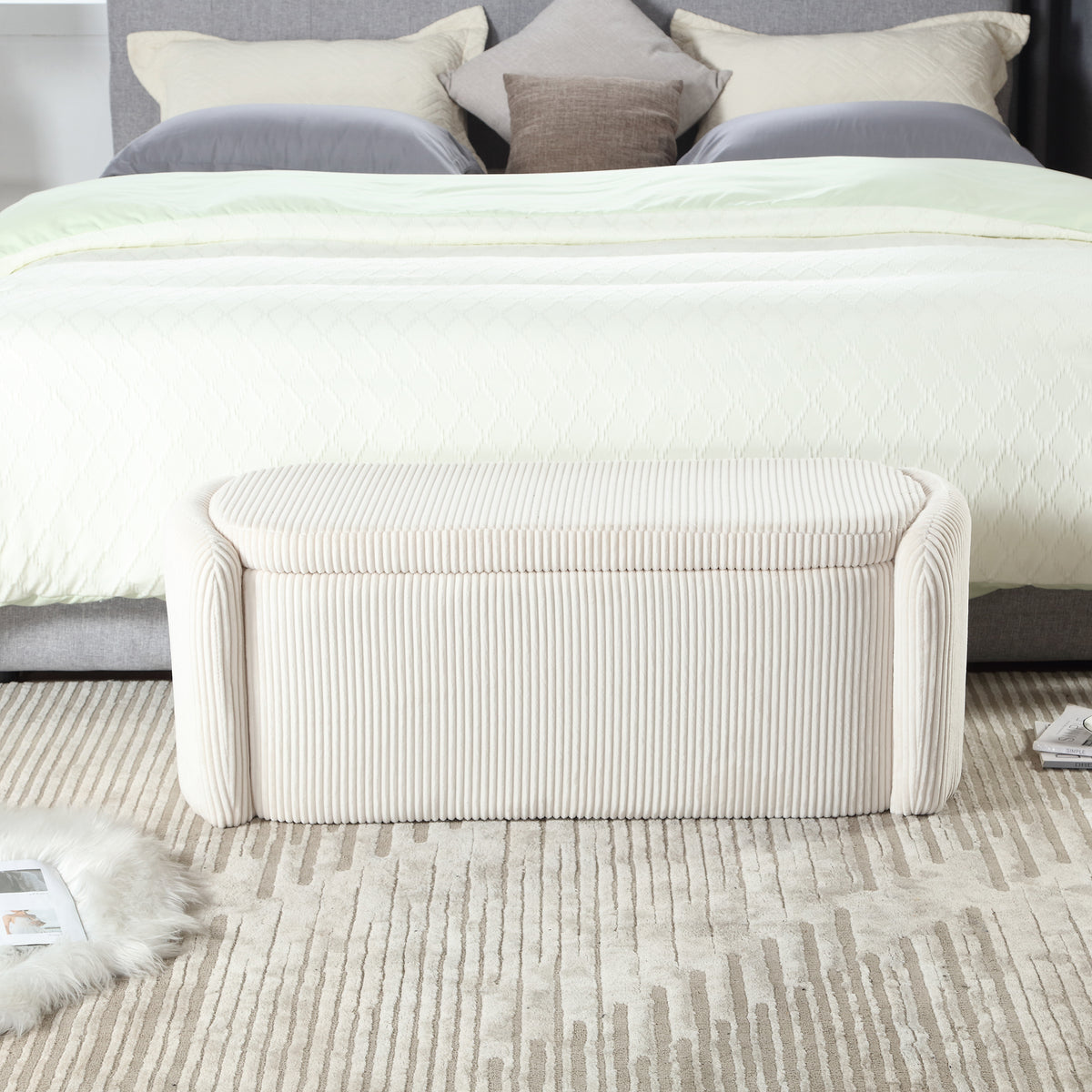 House Hold Storage Ottoman,Bedroom End Bench,Upholstered Fabric Storage Ottoman with Safety Hinge, Entryway Padded Footstool, Ottoman Bench for Living Room & Bedroom (Beige) W1588P194714-djyc