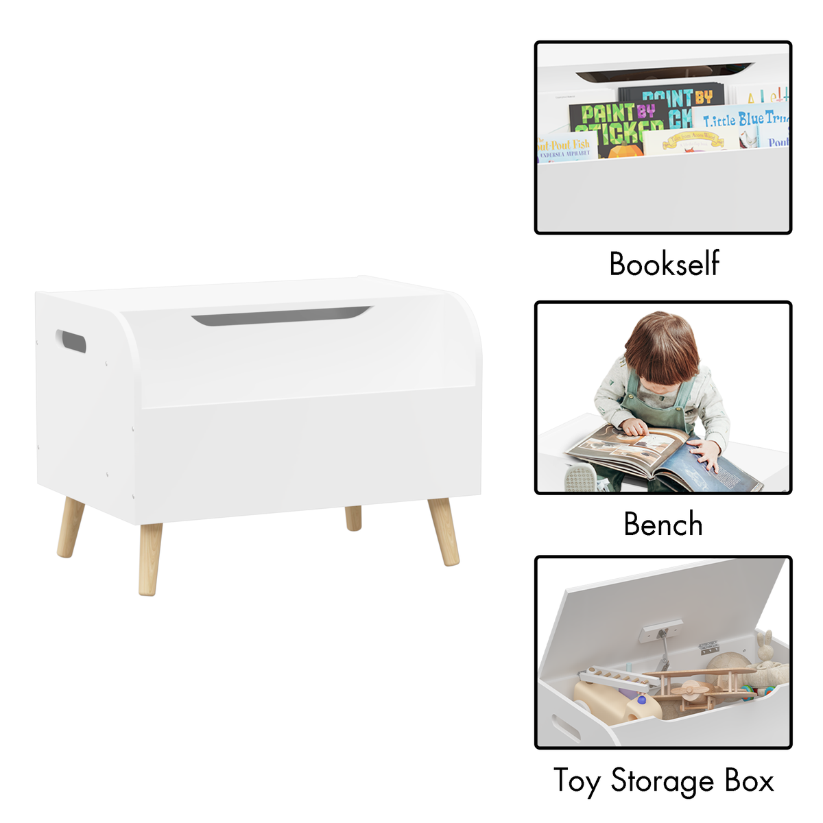 Wooden Toy Box, Kids Toy Storage Organizer with Front Bookshelf, Flip-Top Lid, Safety Hinge, Boys Girls Toy Chest Bench for Playroom Kids Room Organization (White) W808127560-djyc