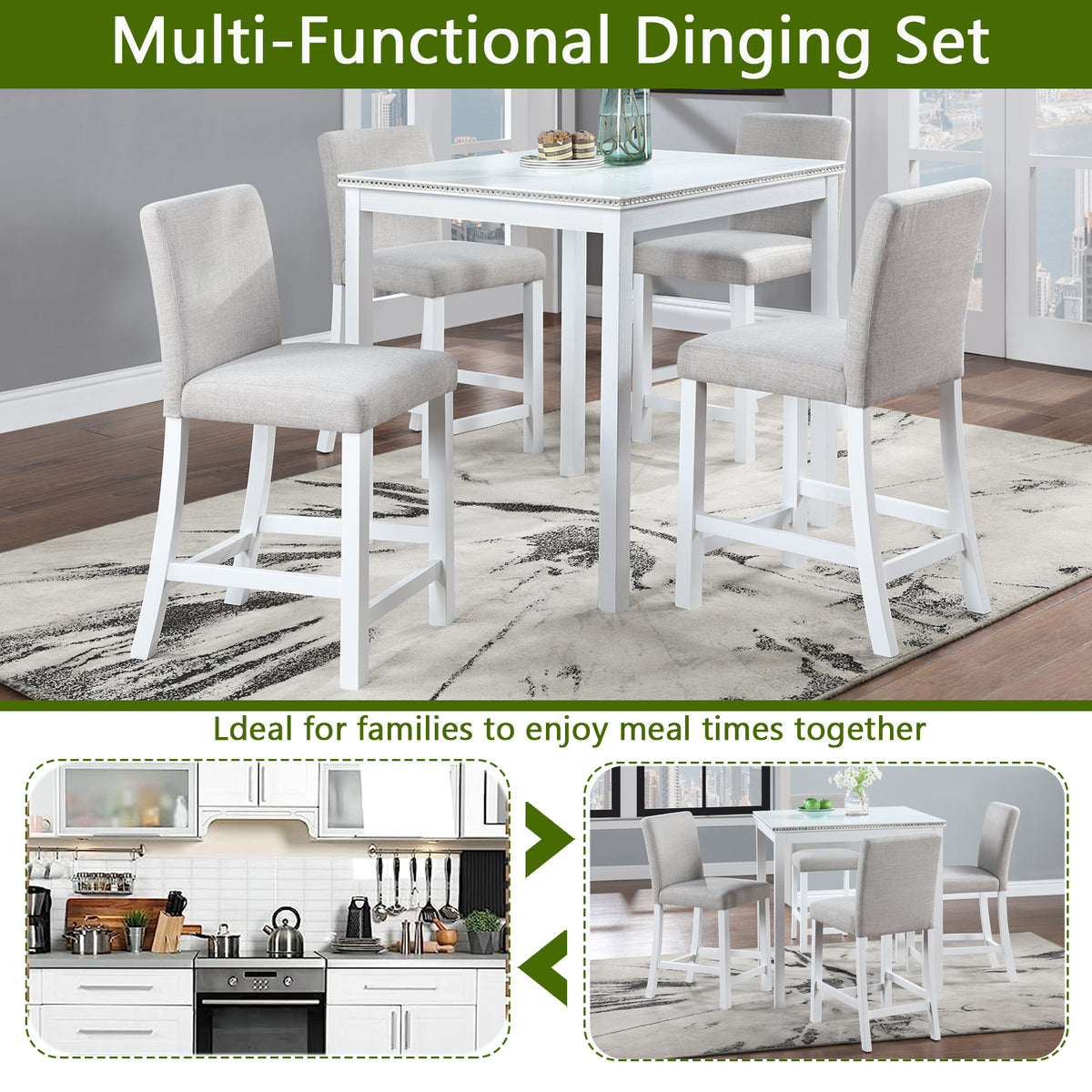 5 Piece Counter Height Table Set, Wooden Kitchen Table Set with Square Table and 4 Upholstered Chairs, Counter Height Dining Table with Crystal Decoration and Chair Set for Kitchen, Dining Room,White W1998S00040-djyc