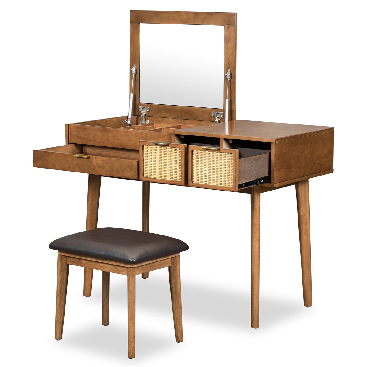 43.3" Classic Wood Makeup Vanity Set with Flip-top Mirror and Stool, Dressing Table with Three Drawers and storage space, Brown N704P165645-djyc