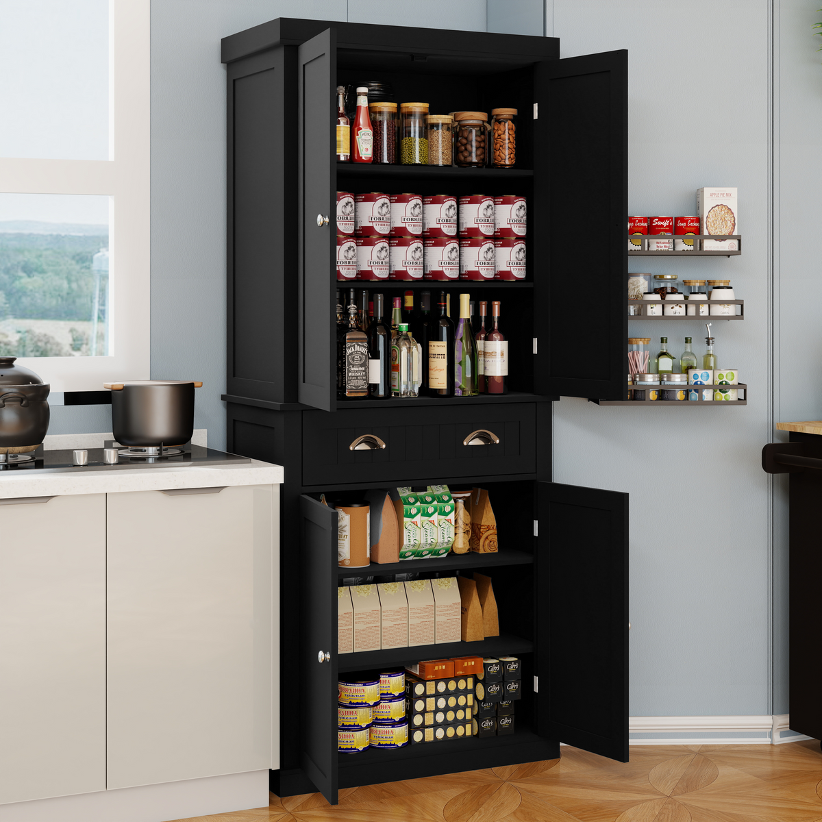 71" Kitchen Pantry Storage Cabinet , with 4 Doors, Drawer, 2 Adjustable Shelves, Freestanding Cupboard for Dining Room Living Room, Laundry-Black W282S00032-djyc