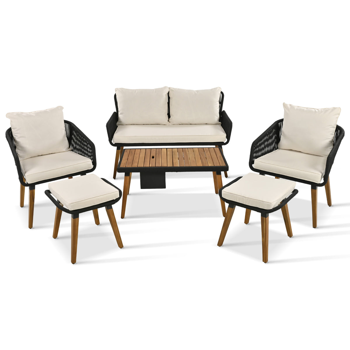 K&K 6-Piece Rope Patio Furniture Set, Outdoor Furniture with Acacia Wood Cool Bar Table with Ice Bucket , Deep Seat Patio Conversation Set with Two Stools for Backyard Porch Balcony (Black & Beige) SK000005AAA-djyc