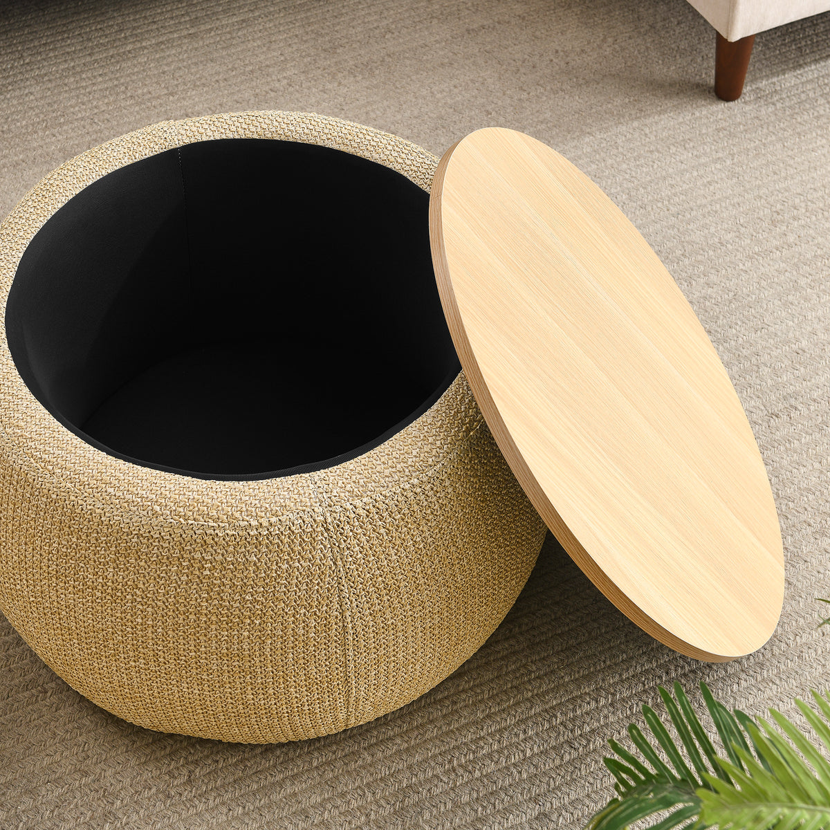 Round Storage Ottoman, 2 in 1 Function, Work as End table and Ottoman, Natural (25.5"x25.5"x14.5") W48762888-djyc