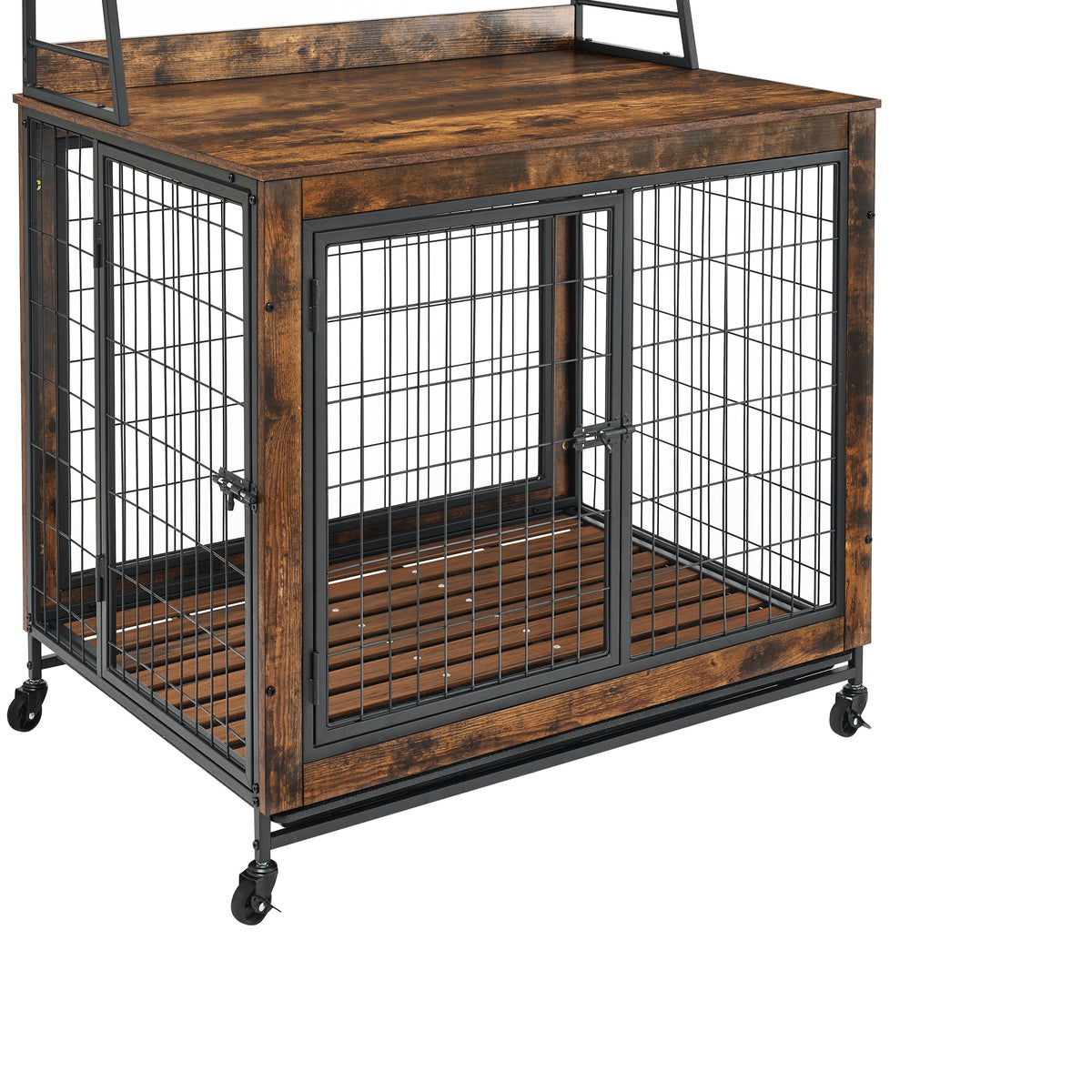 Furniture type dog cage iron frame door with cabinet, two door design, Rustic Brown,37.99"WX27.36"DX59.92"H W1903P151284-djyc