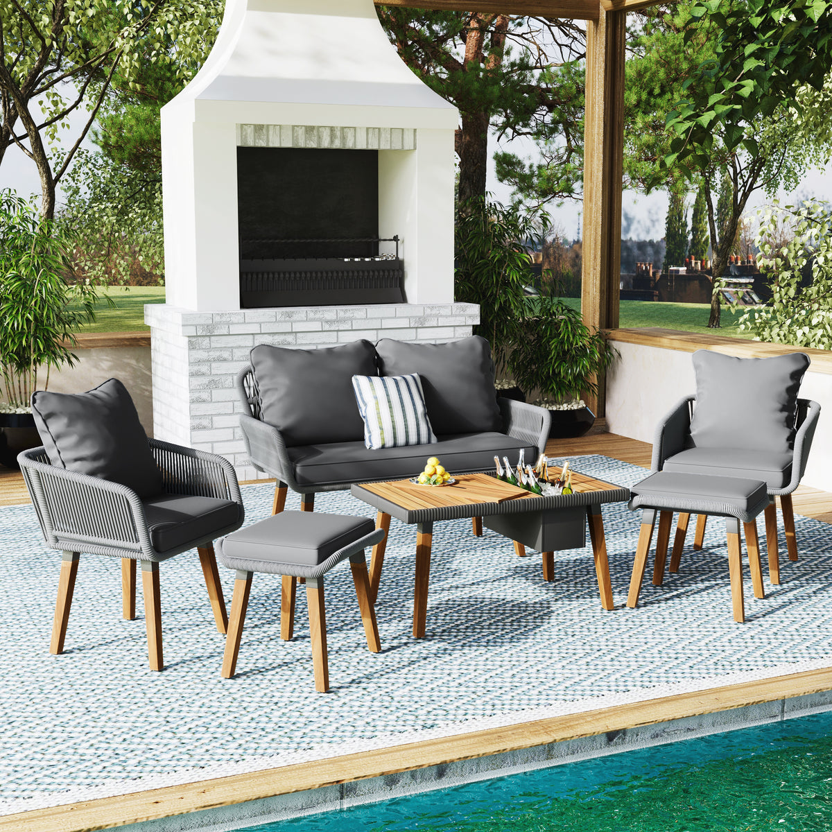 K&K 6-Piece Rope Patio Furniture Set, Outdoor Furniture with Acacia Wood Cool Bar Table with Ice Bucket , Deep Seat Patio Conversation Set with Two Stools for Backyard Porch Balcony (Grey) SK000005AAE-djyc